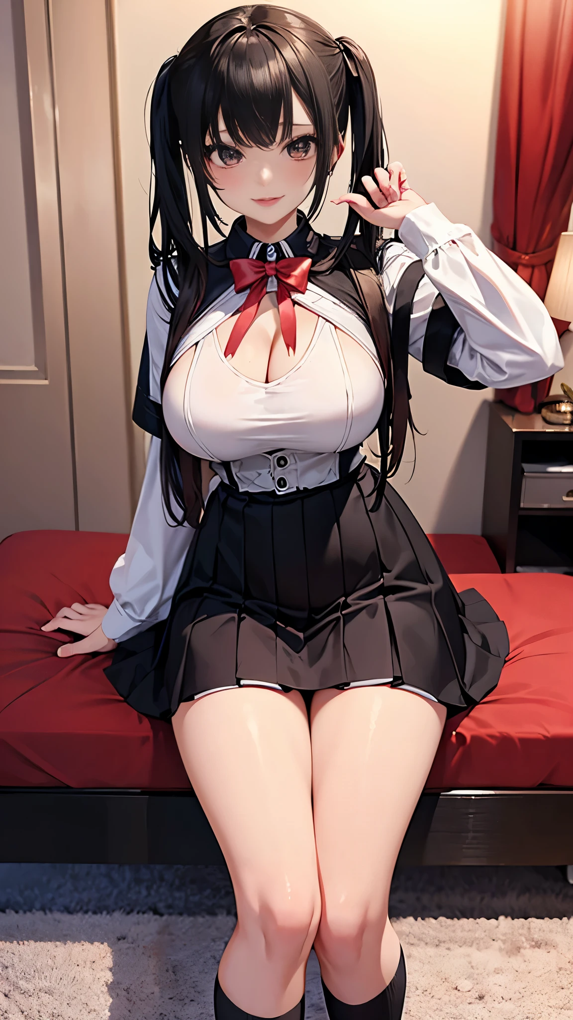 8k 、Film version、Theatrical anime style、Highest quality, masterpiece, Ultra-high resolution, Rouge (compensate), Fuller lips, Lips parted, Fluorescent lipstick, beautiful feet, Tall Woman, skinny, slim_feet, thigh_gap, model, masterpiece,Surreal,Huge breasts, Deep cleavage、Short skirt,Earrings,smile,Black Hair, High school girl uniform、jirai type girl、jirai type makeup, night:1.8、Paid dating、nightlife、Love Hotel、Prostitute girl