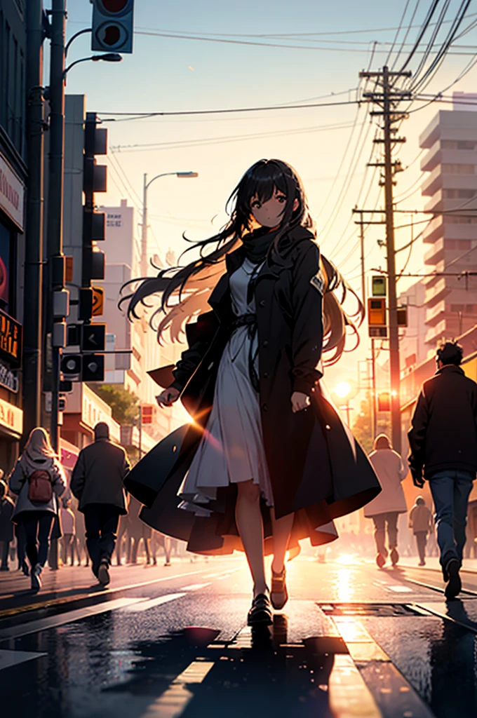 In the afternoon, bathed in the soft glow of the setting sun, the lights flicker on in the bustling street. Amidst the cacophony of honking cars and chattering crowds, a long-haired girl, her locks cascading down her back like a waterfall, walks alone. The crowd parts around her, mere spectators to her solitary journey. Her silhouette is highlighted against the background of the bustling street and the oncoming traffic, each vehicle a blur of movement. She carries an air of melancholy yet determination, her strides steady and purposeful. The afternoon breeze plays with her long hair, it's shade dancing on the pavement, while the vibr