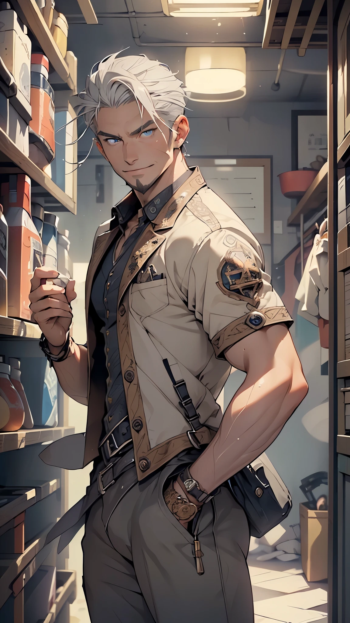 (man:1.5),1 man,steampunk adventure man,(((1man))),
(((1male,man:1.5,handsome man,male,male gender:1.5,male focus))),macho man,old man,big muscle, pectoral, muscular, Mature man,45 year old man,adult,1 man, old macho man
((short gray hair,slicked hair,gray hair)),(((lustrous skin:1.5,tanned skin,bright skin: 1.5,skin tanned,shiny skin,very shiny skin,shiny body,illuminated skin))),(((blue_eyes:1.2))),intricate eyes,beautiful detailed eyes,symmetrical eyes,man chest,handsome face,(((white very short beard, silver very short beard))),((muscular,hairy body,muscular man)),(((detailed face))),
alluring look,nsfw,Viking, barbarian,
steampunk suit pants,((bulge in pants)),((steampunk suit outfit, blue steampunk suit,short sleeve steampunk)),(wearing a steampunk suit outfit:1.3,steampunk suit clothes),((wet clothes,intricate outfit,intricate clothes)),
(dynamic pose:1.0),solo focus,((evil smile,evil look)),(centered,scale to fit dimensions,Rule of thirds),
inside,indoor,((cozy steampunk room)),scenery:1.25,((intricate scenery)),((steampunk decorations)),
(Glossy steampunk ornaments),highres,sharp focus,(ultra detailed,extremely detailed),(photorealistic artwork:1.37),(extremely detailed CG unity 8k wallpaper),(((vibrant colors,vibrant theme))),(intricate),(masterpiece),(best quality),artistic photography,(photography taken by sldr),(intricate background),perfect rendered face,perfect face details,realistic face,photo realistic,((intricate detail)),(((realism))),