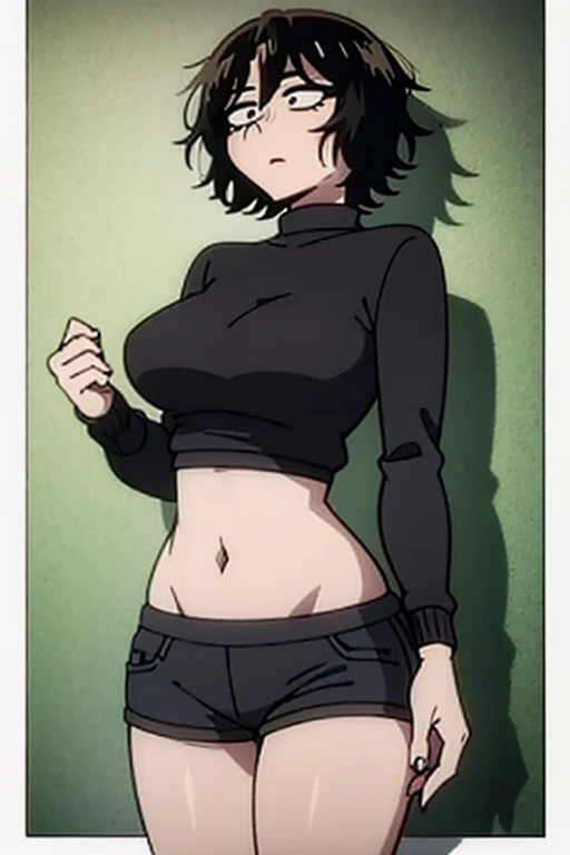 short messy hair, black hair (masterpiece), best quality perfect face beautiful girl, feminine, defined curves, cinematic, aesthetic, shadows, gorgeous, amazing, 1girl, best quality, expressive eyes, (black eyes:1.3) ringed eyes, black crop top sweater, midriff, black turtle neck, black short shorts