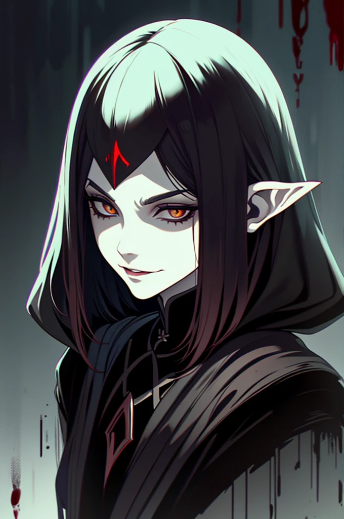 Pale, Creepy cultist, dark elf, low dim lighting, dark chamber, smirk, blood on her face