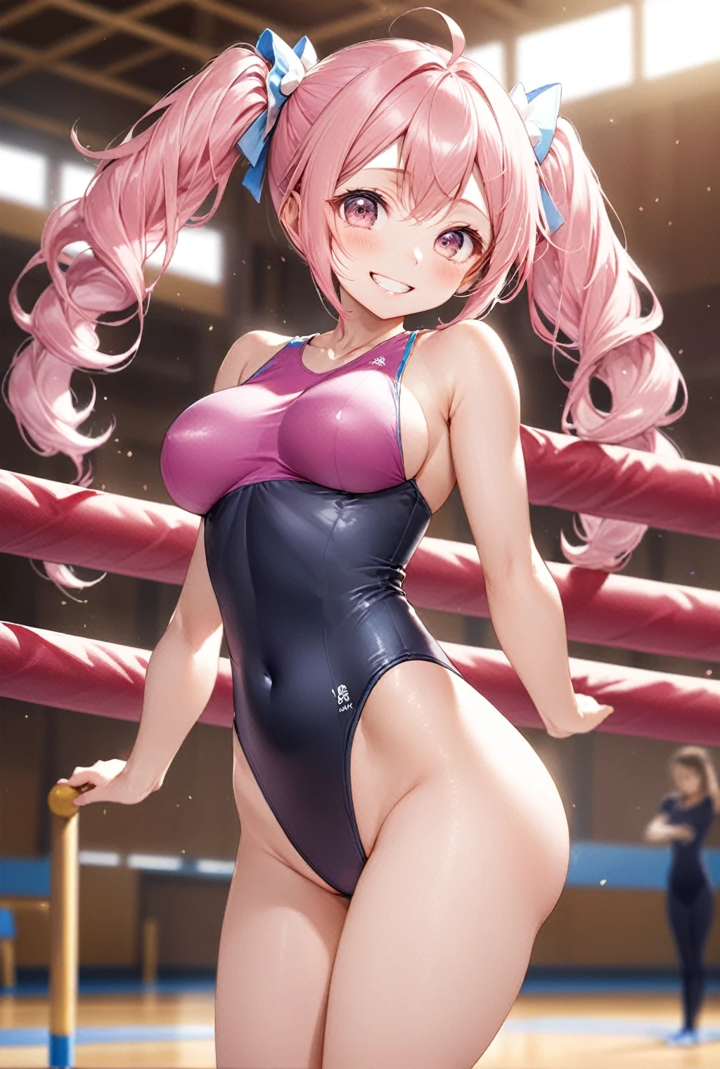 (Highest quality, 8k, 32K, masterpiece, Ultra-high resolution,:1.2),to be born, One Girl,So cute , Fantasy background like a gymnasium, clear, Shining Eyes, Age 25 ,Fair skin, Girl with pink hair, Slanted Eyes, , An innocent smile, Grin, Large Breasts, New Gymnastics,Twin tails, Long Hair, Wearing a leotard, Accentuate your butt