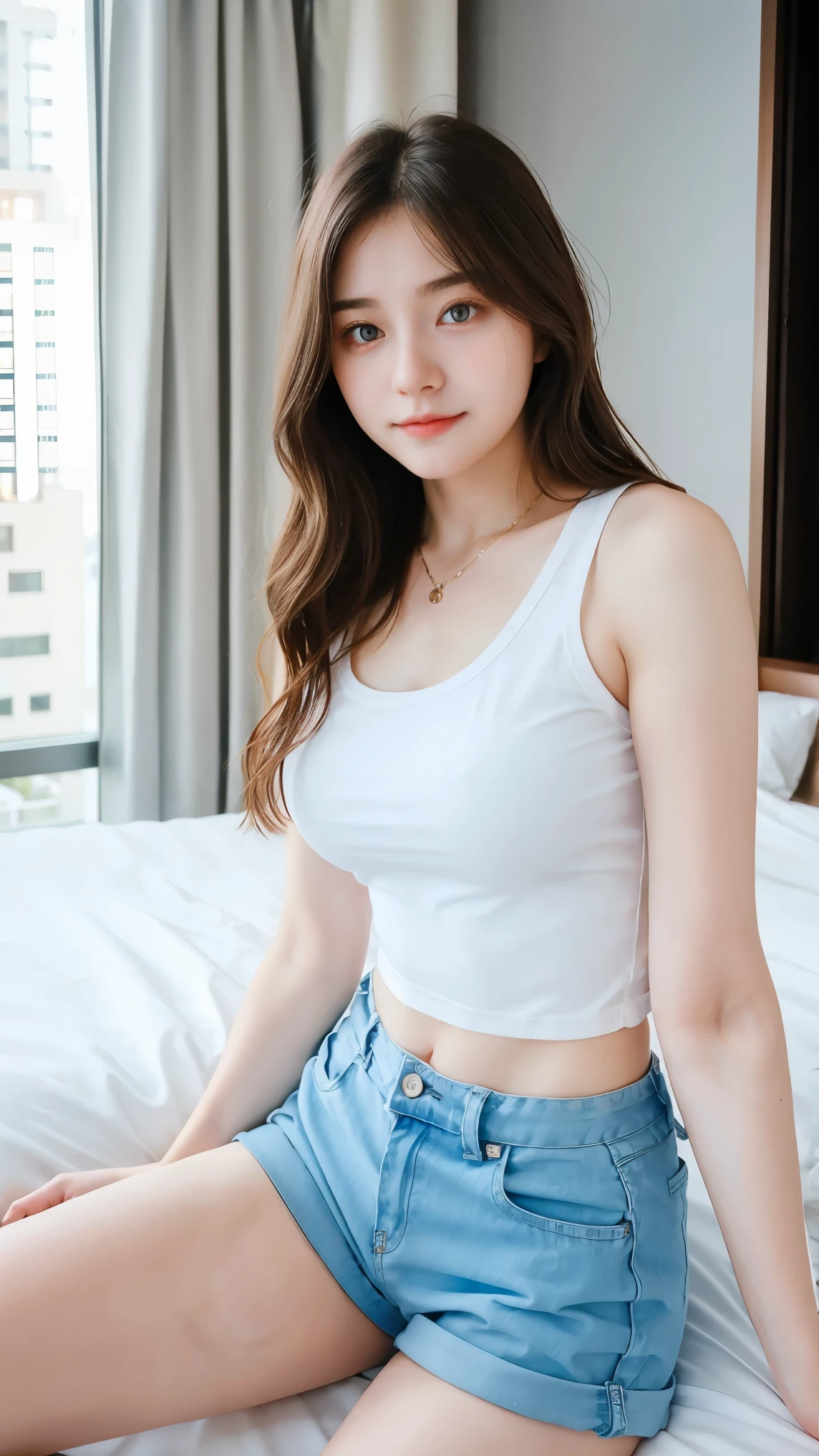 Gorgeus Girl, Beautiful, Baby Face, 20 Years Old, White Skin, Beside, Sexy Pose, White Loose tank top, Blue Eye, Bokeh, hotel room Background, Masterpiece, Fullbody Shot, short pants