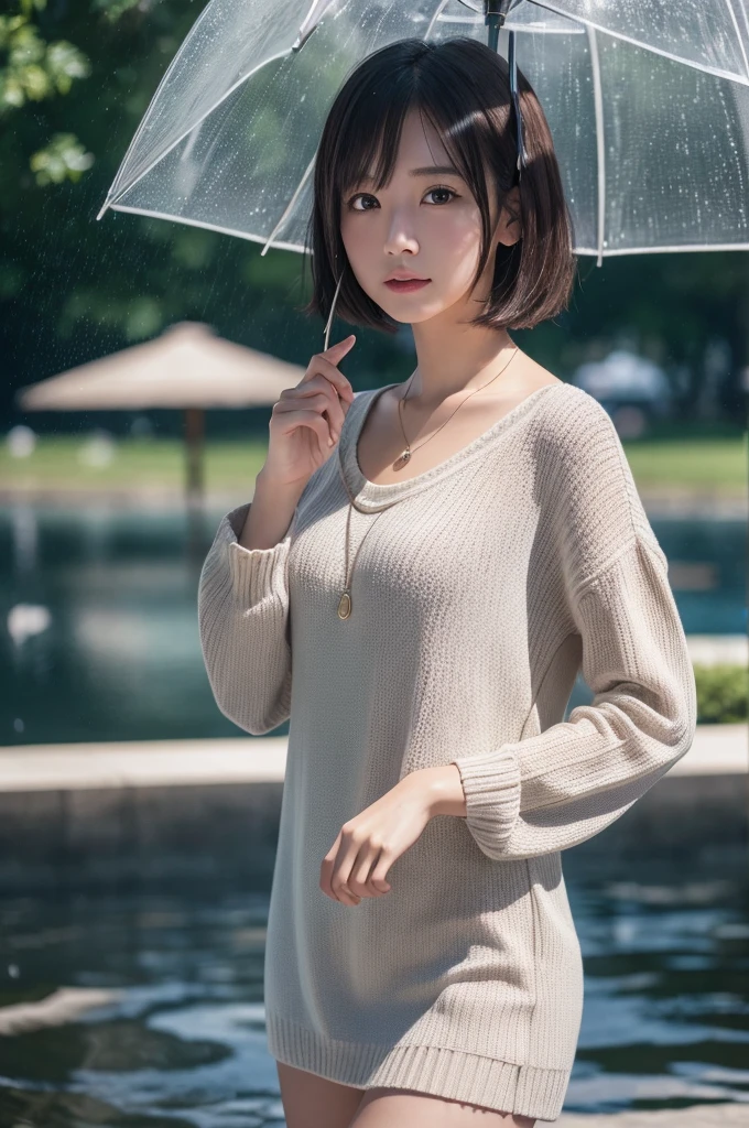 Highest quality、8k、32K、masterpiece、nffsw:1.2)、cute日本人女性の写真、Long sleeve dress、Short very bob hair、Upper Body、Surface Focus、Extra large size_sweater、necklace、Rainy park、Hold an umbrella、Water droplets fall、Looking at the audience、Mix 4、(8k、Raw photo、Highest qualityの、Peace Master:1.2)、(Realistic Real Photo:1.37)、1 Girl、cute、Professional Lighting、Photon Mapping、Physically Based Rendering、Shortcuts、Shortcuts、HandsomeHigh Resolution、1080P、
