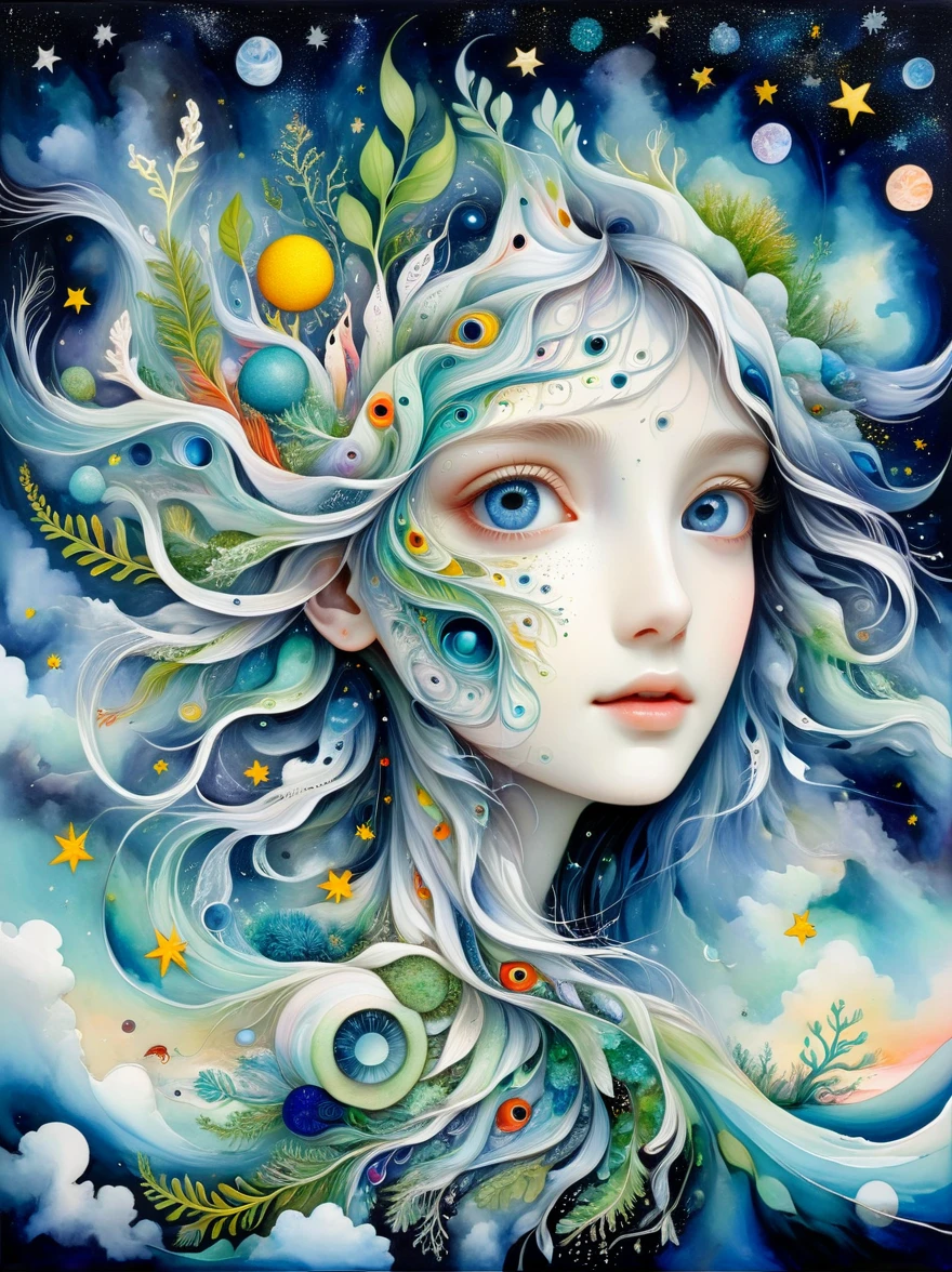 microorganism、plant、Marine life、Exquisite eyes、Starry Sky,Stitching together an abstract painting,Describing the inner world of autistic people,Sense of space,White Space,interesting,Innocence,Psychedelic Art