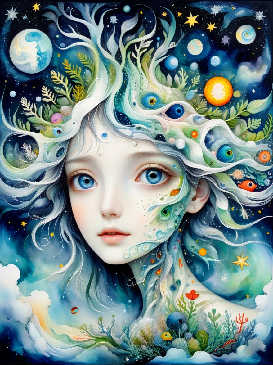 microorganism、plant、Marine life、Exquisite eyes、Starry Sky,Stitching together an abstract painting,Describing the inner world of autistic people,Sense of space,White Space,interesting,Innocence,Psychedelic Art