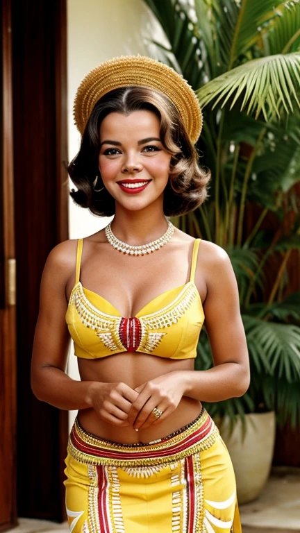 Natalie Wood wearing sexy traditional Fijian clothes with lipstick and smiling