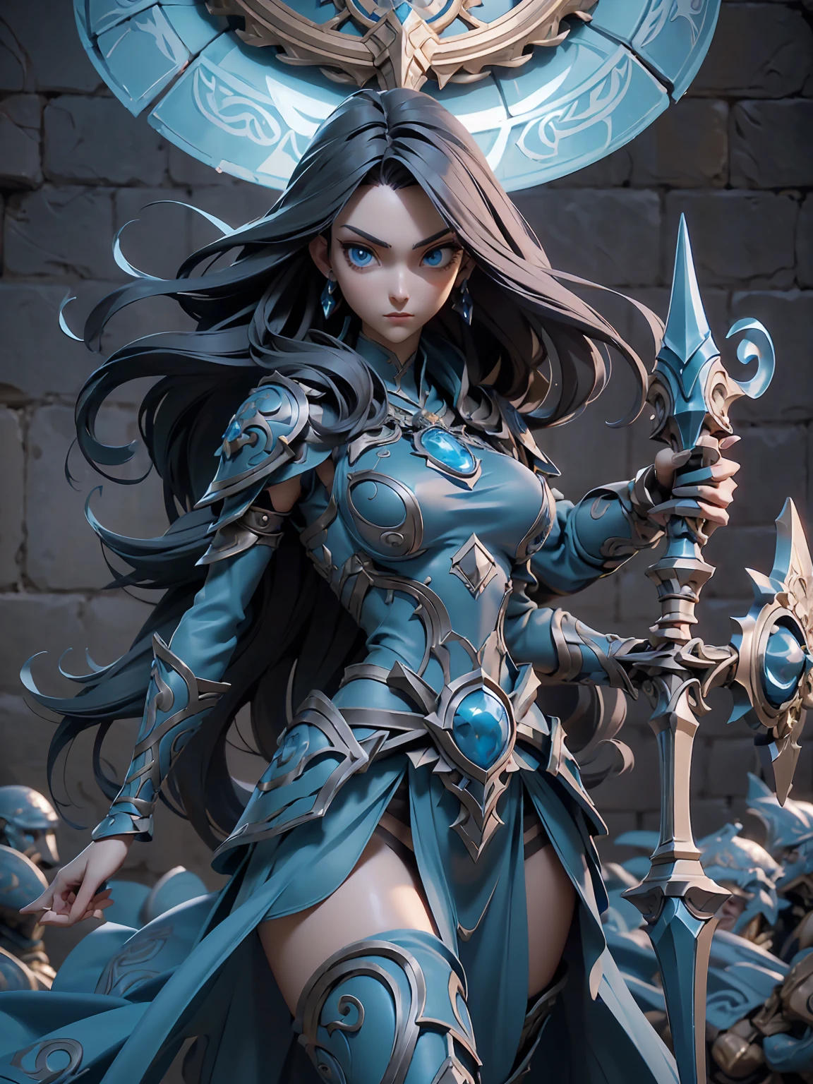 Design a layout showcase Gaming character, (1girl). A breathtakingly beautiful young slender female Paladin with long tied, flowing, black hair and intense blue eyes , wearing an ornate godly armor(extremely detailed:1.2) , wielding an ornate mace and shield ((full_body_shot:1.4)))
