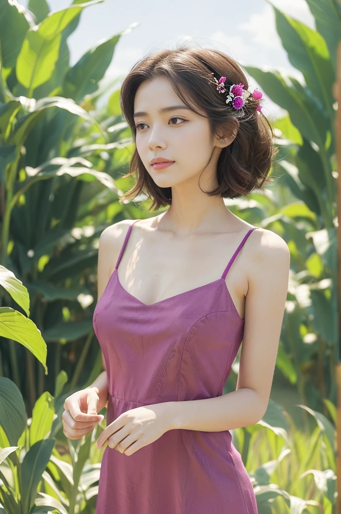 (((best quality))),(((ultra detailed))),(((masterpiece))),illustration,((1 beautiful girl,solo)),((slim,thin)),((small breasts,flat chest)),((summer afternoon)),(standing:1.3),(in cornfield:1.3), (magenta dress:1.5), delicate,(medium straight bob hair:1.2), radiant smile, vibrant atmosphere, elegance, grace,fresh and cool, endless sea of green, towering stalks, densely packed, soothing melody, serene and peaceful, hustle and bustle,majesty, harmoniously, essence of summer, tranquility, relaxation, peacefulness of nature,((from front,upper body))