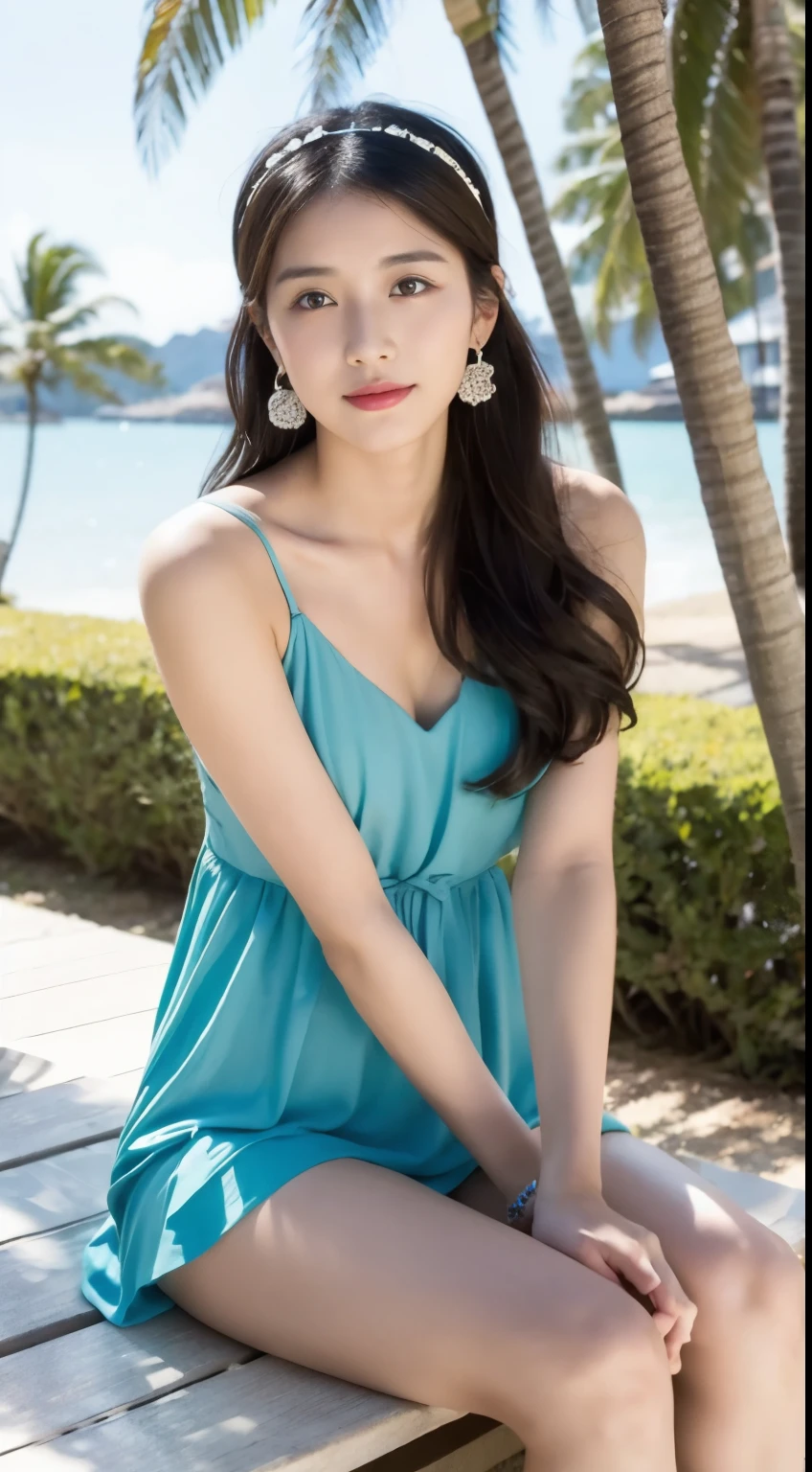 young and beautiful,beautiful cute girl,half body photo。very beautiful and delicate,black hair,gentle smile,Delicate and beautiful fair skin,Realistic and realistic,exquisite and complete facial features,detailed depiction of the face,high nose bridge,smooth hair,highly detailed hair,Feminine temperament,With a well-proportioned body,Really,white teeth,tied up with hair,hyper realism,sandals,ultimate image quality,highest precision,Accurate and perfect human anatomy。blue sky and white clouds,Light of the sun,(chiffon headband top)(telephoto shooting,)Expressing the landscape,under the coconut tree,Highlight Portrait,sitting on beach,Keep your legs straight。wear earrings,landscape photo,Beautiful transparent girl,big chest