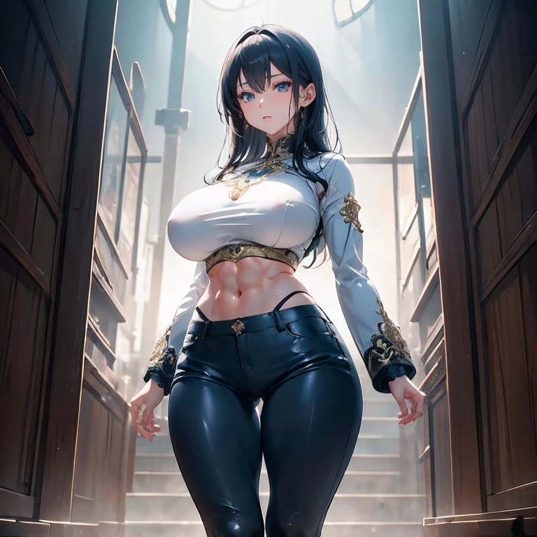 Anime Kawaii sexy Perfect Slim sensual body large breast and huge thighs, An intricate and highly detailed illustration of anime (Young girl).A beautiful girl with large breasts, toned abs, shy expression, wearing tight pants, muscular man, photorealistic, 8k, hyperdetailed, chiaroscuro lighting, cinematic composition, dramatic colors