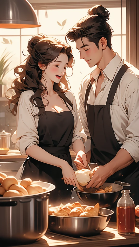 a couple of a couple of people making food in a house, 1girl, 1boy, table, breasts, closed eyes, brown hair, indoors, kitchen, open mouth, hair bun, cleavage, smile