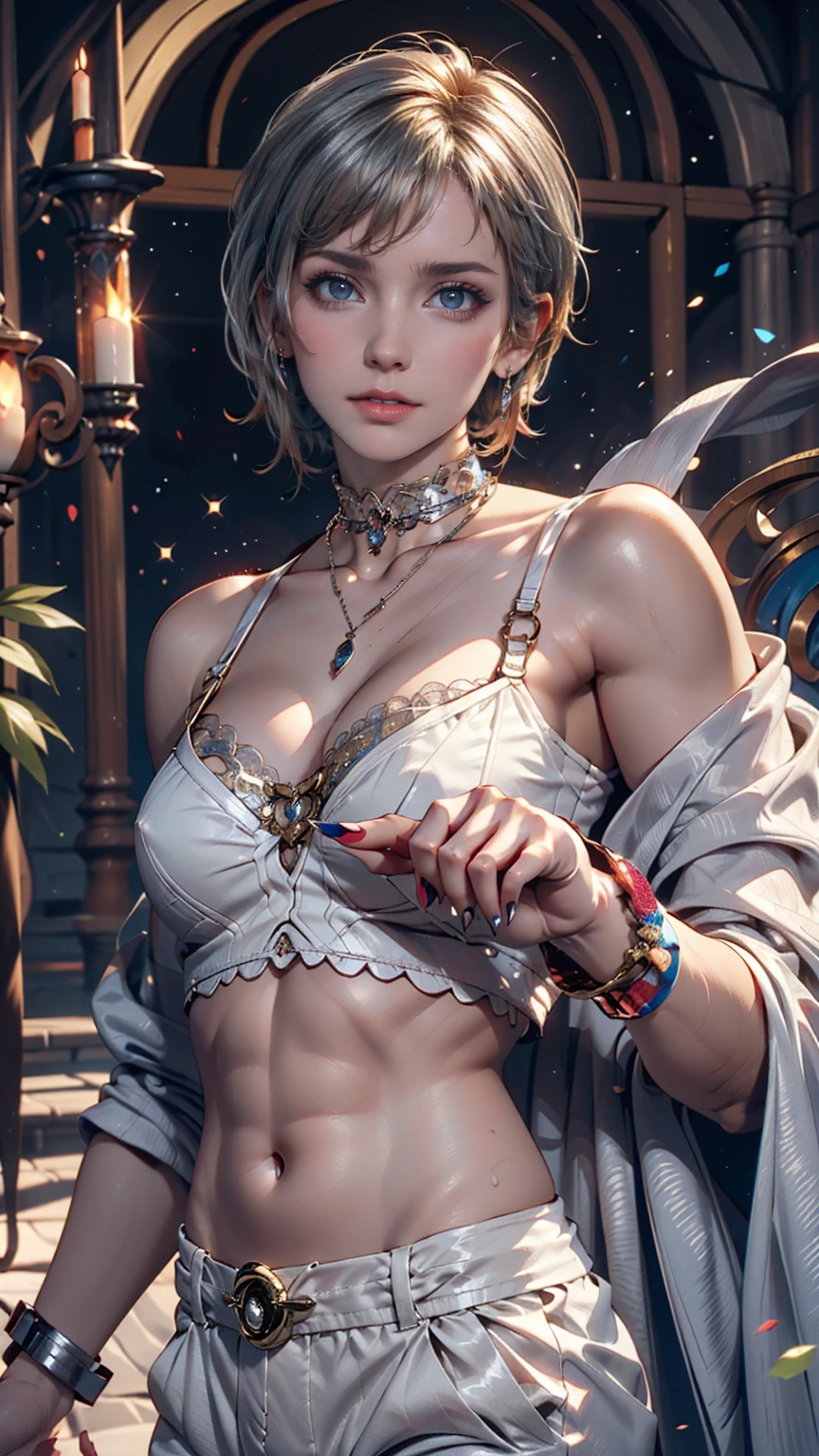 24-year-old female、Blonde、Pixie Cut Hair((pixie cut))、Lace choker、necklace、Oval Neck((oval neck))Tops、Sheer Aladdin pants((aladdin pantules、Silver accessories on the wrist、Manicure、Peticure