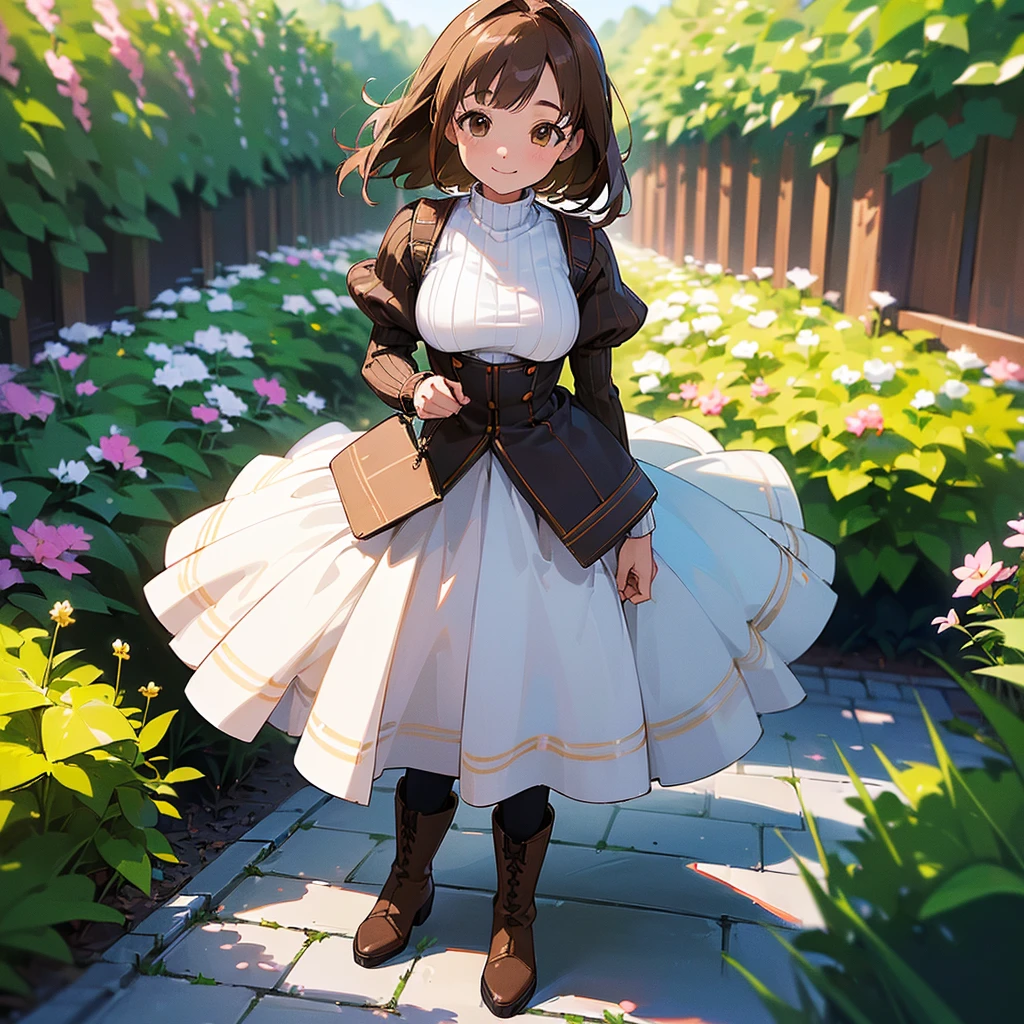 (high quality, High resolution, Very detailed, reality:1.37), Peaceful atmosphere, (Outdoor, garden), age girl standing alone, (my breasts are big.), Beautiful details, Cute Smile, (Brown bob hair), Ribbed sweater, Blue Skirt, Black tights, Brown boots.