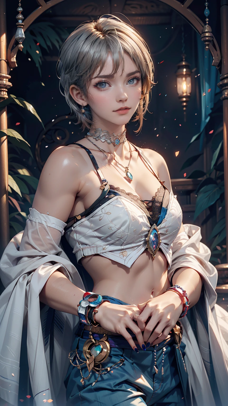 24-year-old female、Blonde、Pixie Cut Hair((pixie cut))、Lace choker、necklace、Oval Neck((oval neck))Tops、Sheer Aladdin pants((aladdin pantules、Silver accessories on the wrist、Manicure、Peticure