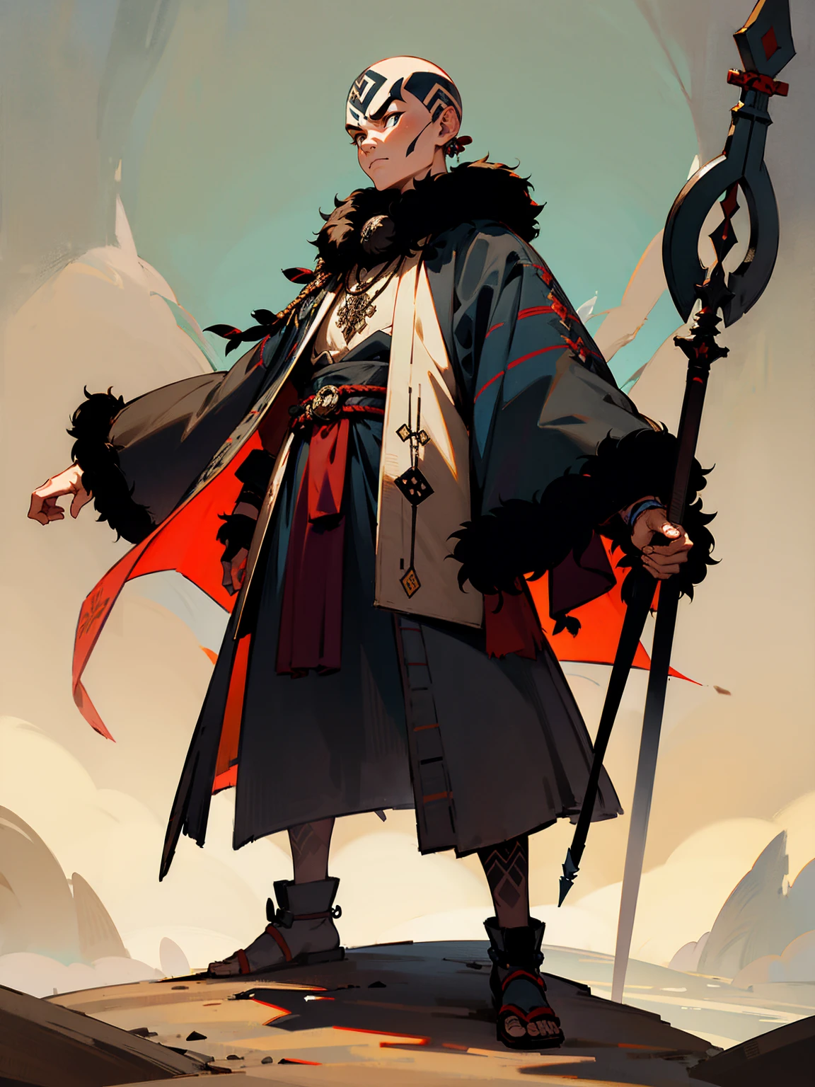 Older male, bald, tribal tattoos, fur cloak, holding a spear, stern expression, standing on path