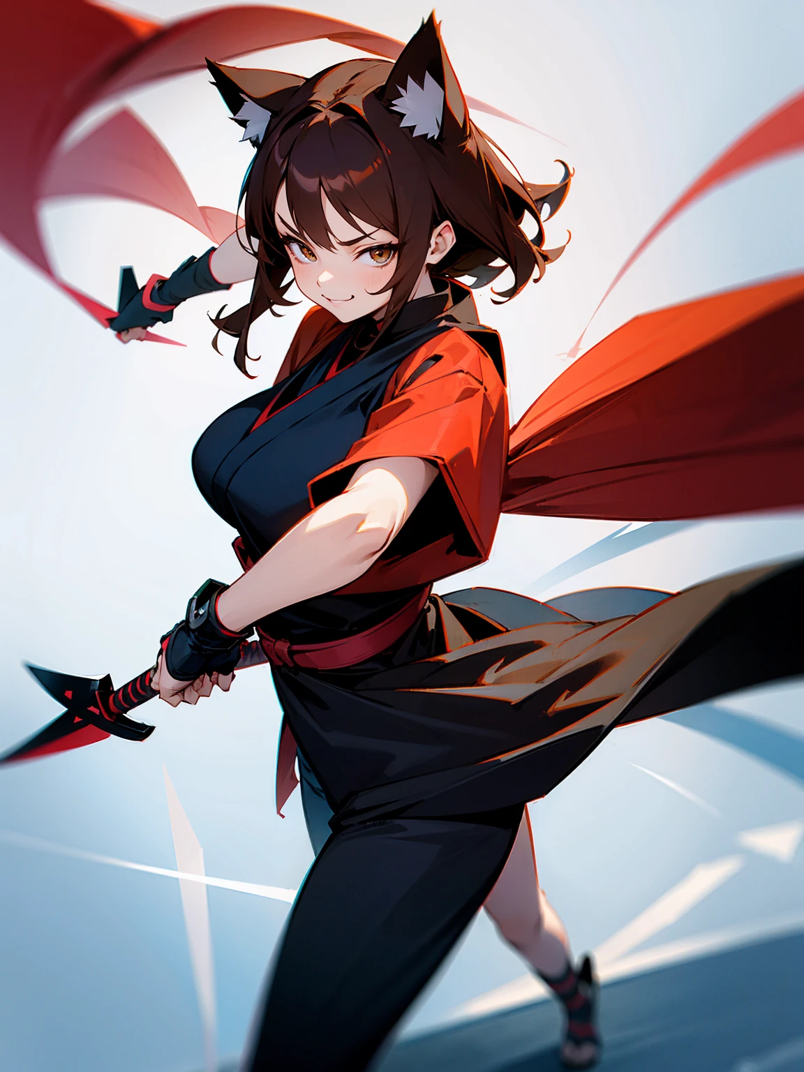 Young female, brown hair, cat ears, ninja outfit, holding a kunai, playful smirk, standing on path