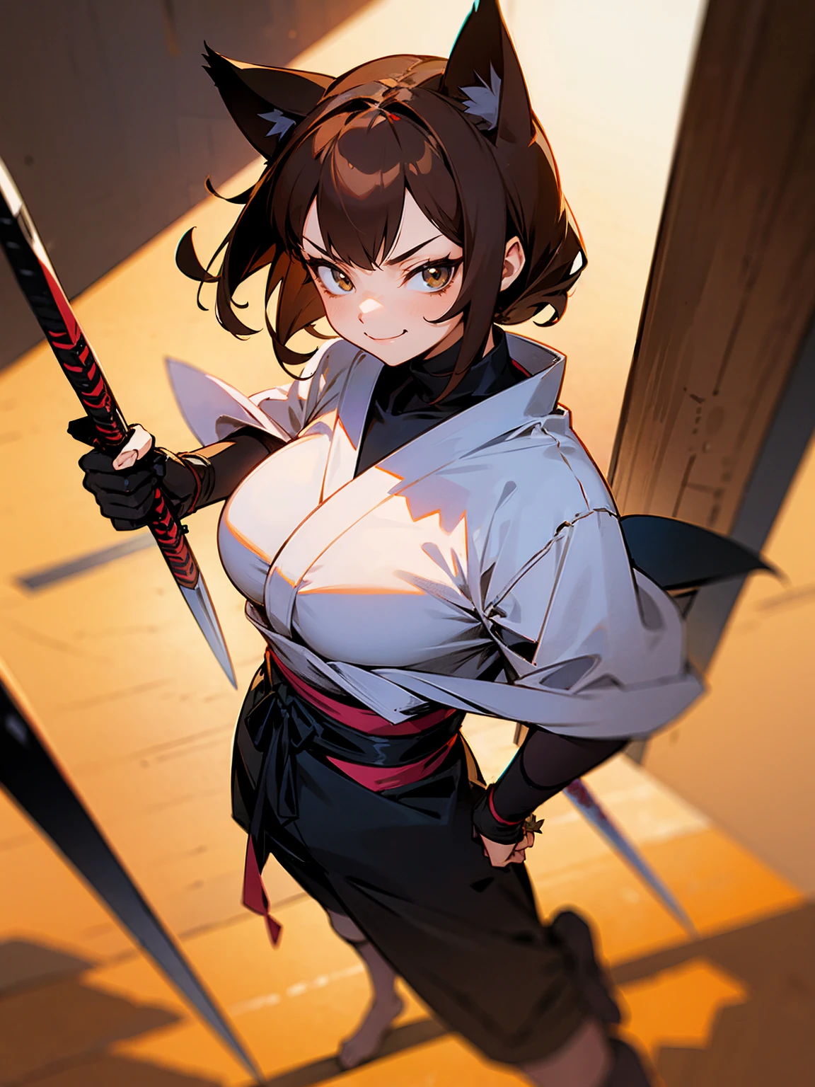 Young female, brown hair, cat ears, ninja outfit, holding a kunai, playful smirk, standing on path