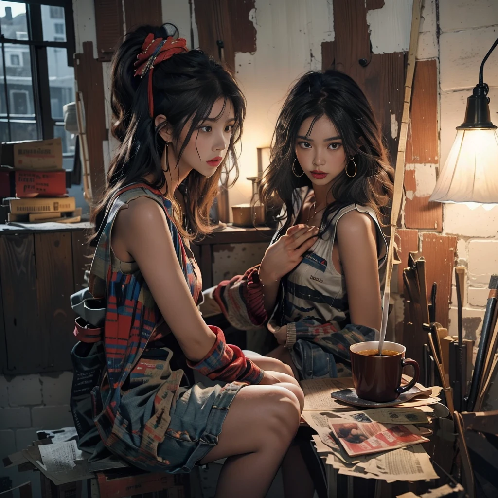 A serene evening atmosphere in a small studio with peeling white walls revealing the bricks underneath. The lighting is ample. A young female artist of Thai- Chinese descent, with dreadlocks and large headphones, is dressed in a Bohemian-style shirt and denim shorts. She is painting an oil portrait of a voluptuous woman with long copper hair adorned with a crown. The artist, with a calm demeanor, carefully blends vibrant colors, reflecting elegance and beauty. The backdrop of the small studio is filled with brushes, palettes, a coffee cup, and an ashtray with a lit cigarette. The evening sunlight adds depth and dimension to the scene.