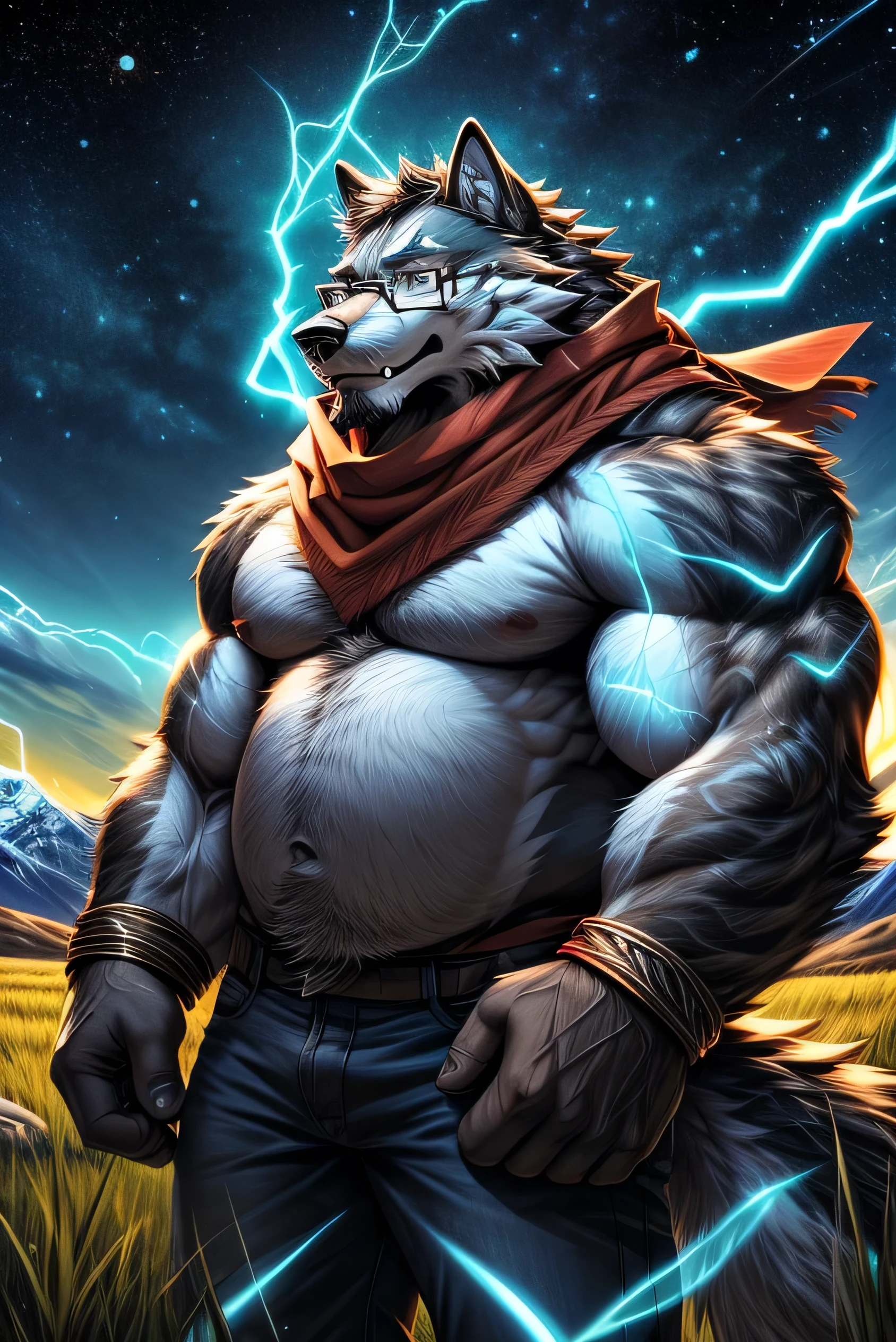 alone, fat muscular man, dad bod, belly, big pecs, ash grey hairy wolf, faded haircut ((black color)), big thick beard ((black color)), whiskers, amber eyes, ((red scarf)), ((glasses)),
electrified stripes on arms, electricity on arms, stripes on arms ((cyan color)), electricity particle around, electric particles, electricity visual effect, white belly, hairy, wolf tail, wolf ear, bracelets, jeans, boots, pecs, fangs, in the field, mountains in the background, at night, starry night, fireflies around,