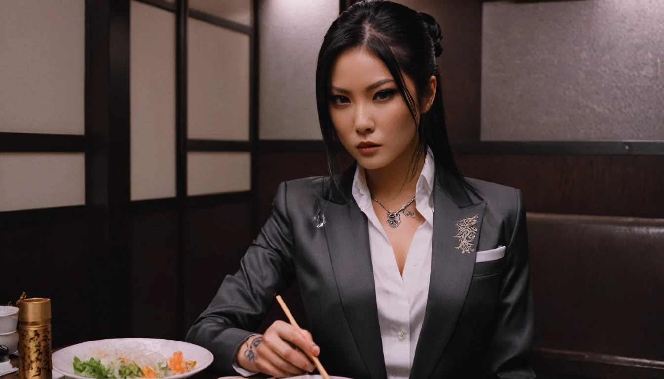 ​master piece,hyper quality, Hyper Detailed,Solo, Beautiful Girl, Dynamic Action Pose, a powerful young woman Yakuza boss, age 23, long jet black hair with light brown highlights, medium breast, dragon tattoo on her right arm, silk white blouse, sleek dark grey suit, black skirt. She uses chopsticks to eat Donburi and sushi at a japanese resturant in Shibuya district of Tokyo .Yakuza, by Hiroyuki Tajima, live action movie scene, still from live action movie, by Kanō Tan'yū, japanese live action movie, style of masami kurumada, [ play ], stage:2024 Tokyo
