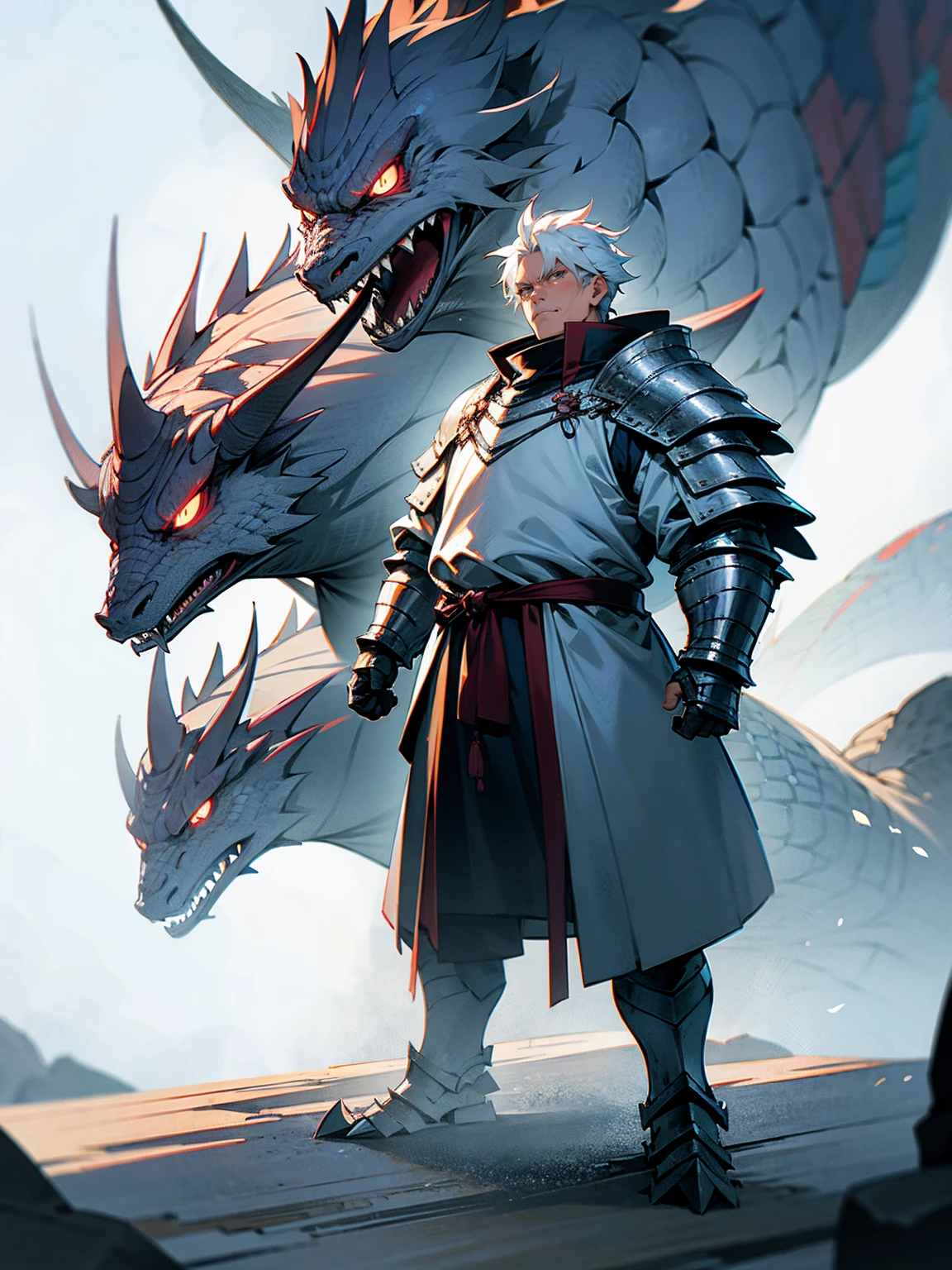 Middle-aged male, white hair, dragon armor, fierce determination, standing on path