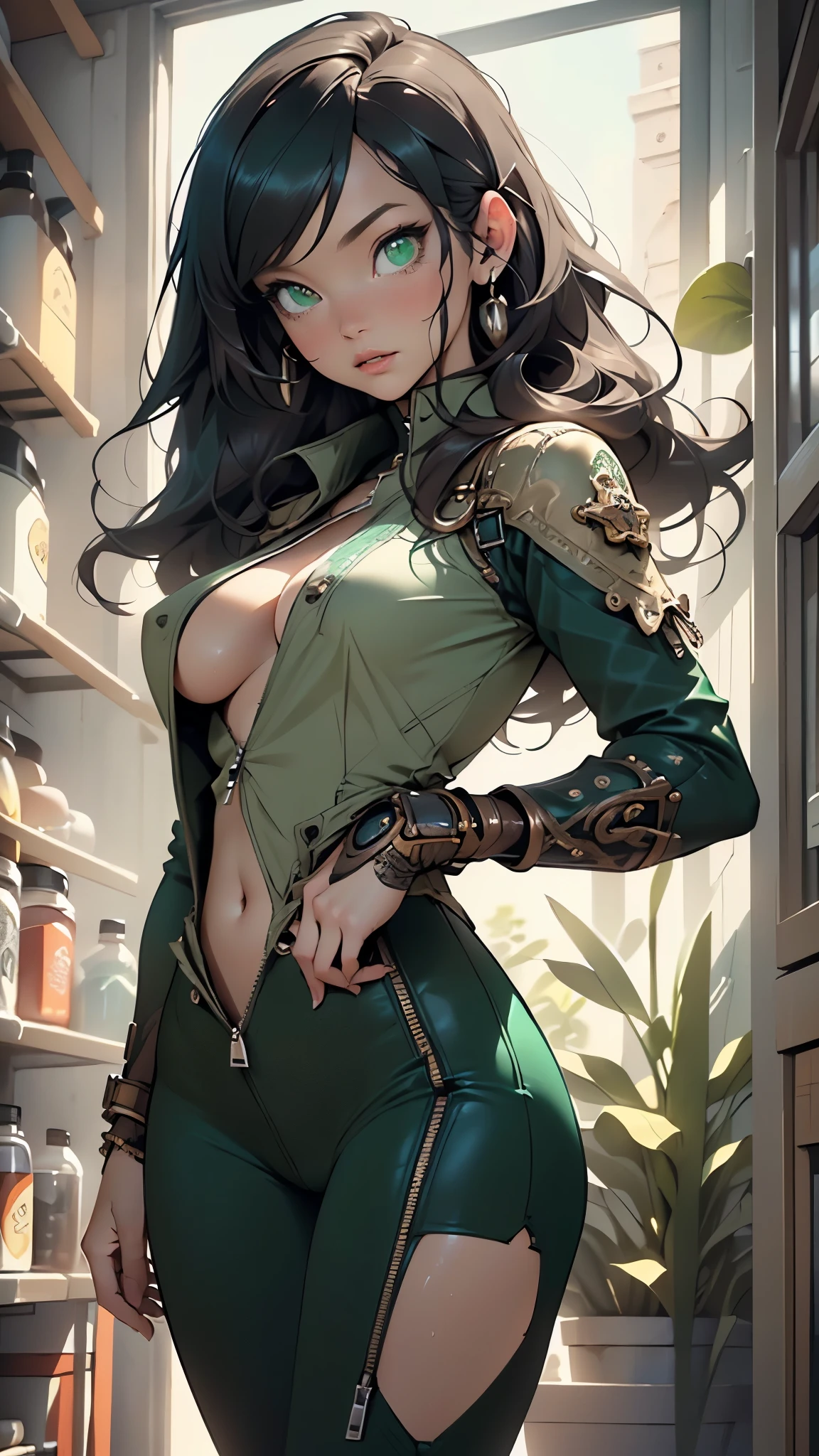 steampunk girl,(((1girl))),((beautiful girl with steampunk suit)),woman,1female,((milf,mom,mature,mature woman,45 years old female,adult)),
(large breasts:1.4),saggy breasts,(((dark hair:1.4,straight hair,long hair:1.4,colored inner hair))),(((green_eyes:1.3))),intricate eyes,beautiful detailed eyes,symmetrical eyes,((fat)),(((lustrous skin:1.5,bright skin: 1.5,skin tanned,shiny skin,very shiny skin,shiny body,plastic glitter skin,exaggerated shiny skin,illuminated skin,wet legs))),(spider lower abdomen,narrow waist,wide hip,imbo body,inflated legs, thick thighs,detailed body,(detailed face)),
cute,slutty,seductive,erotic,(((nsfw))),
revealing clothing,show skin,((underboob:1.5)),(cleavage),((steampunk suit outfit, green steampunk suit,short sleeve steampunk)),(wearing a steampunk suit outfit:1.3,steampunk suit clothes),((zipper suit, zipper slightly unzipped))),((wet clothes,intricate outfit,intricate clothes)),
(dynamic pose:1.0),solo focus,embarrassed,(centered,scale to fit dimensions,Rule of thirds),
inside,indoor,((cozy steampunk room)),scenery:1.25,((intricate scenery)),((steampunk decorations)),
(Glossy steampunk ornaments),highres,sharp focus,(ultra detailed,extremely detailed),(photorealistic artwork:1.37),(extremely detailed CG unity 8k wallpaper),(((vibrant colors,vibrant theme))),(intricate),(masterpiece),(best quality),artistic photography,(photography taken by sldr),(intricate background),perfect rendered face,perfect face details,realistic face,photo realistic,((intricate detail)),(((realism))),
