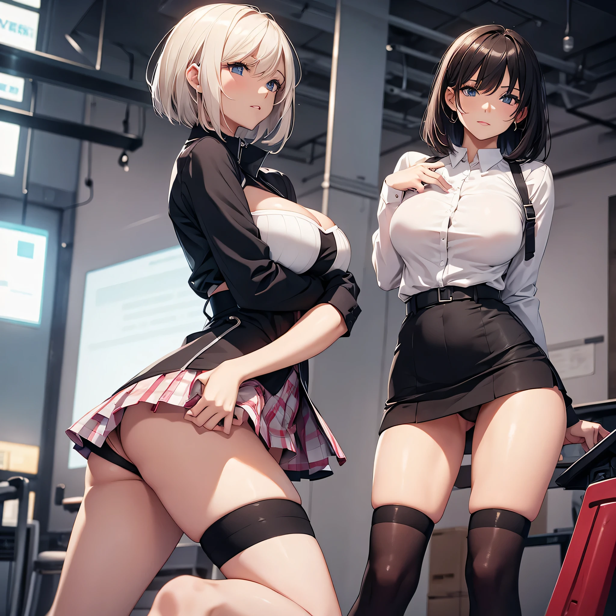 Women in short skirts touching their own breasts