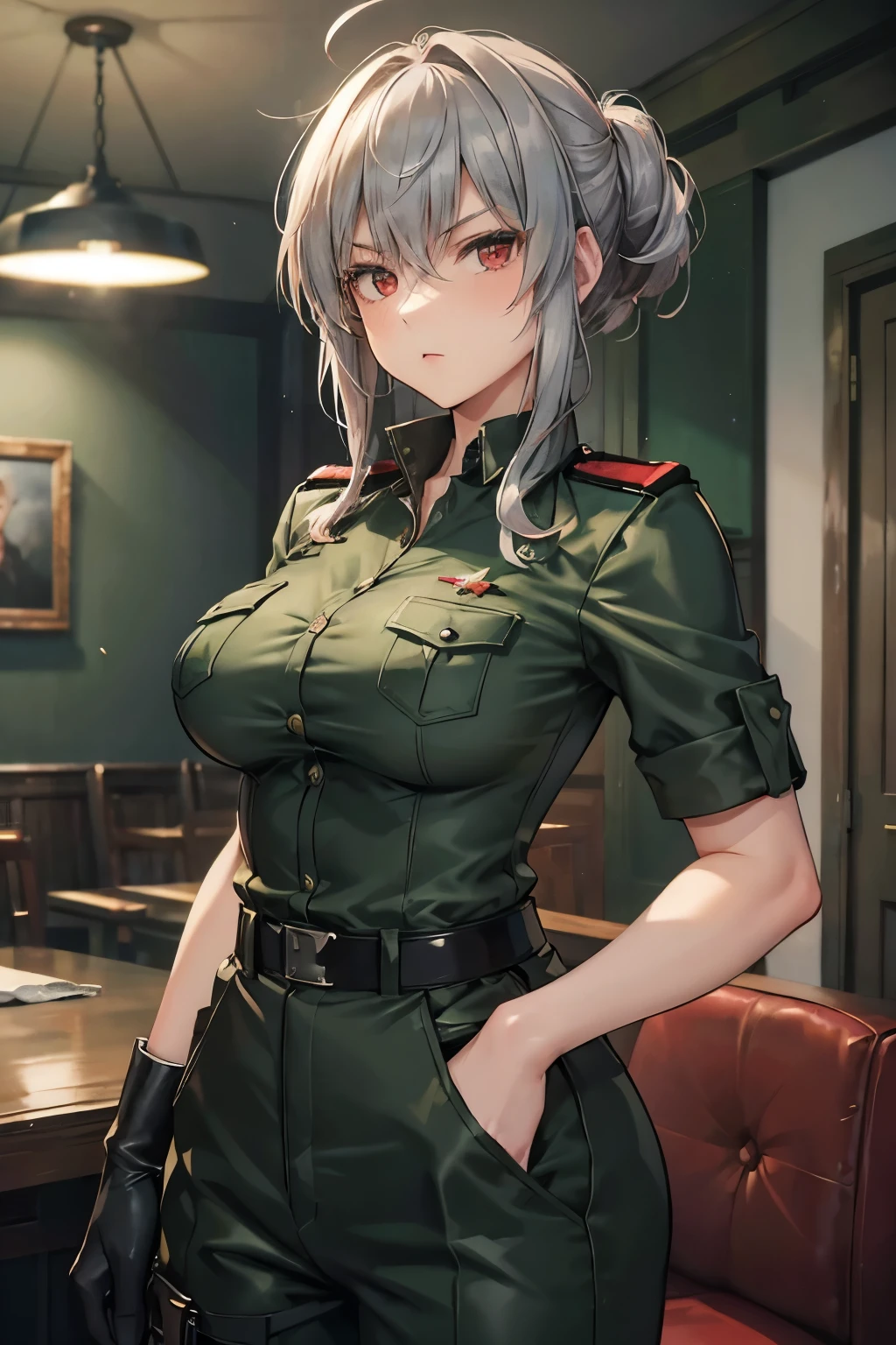 20-year-old sexy,cool,Adult women,Soviet officer,short silver half updo shaggy Cut hair,red eyes.((tsurime)),big breasts,a steady person,1940s,Wearing a dark green military uniform,wears dark green military trousers,The background is the officers' room.Embarrassed