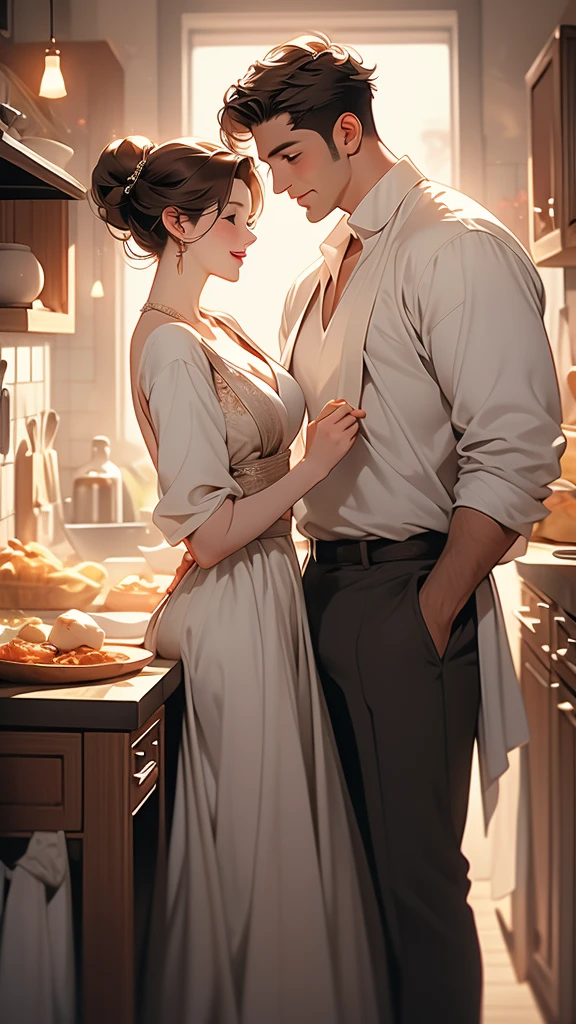 a man and a woman are standing next to a table full of food, 1girl, 1boy, table, breasts, closed eyes, brown hair, indoors, kitchen, open mouth, hair bun, cleavage, smile