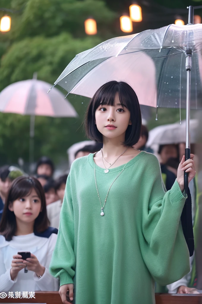 Highest quality、8k、32K、masterpiece、nffsw:1.2)、cute日本人女性の写真、Long sleeve dress、Short very bob hair、Upper Body、Surface Focus、Extra large size_sweater、necklace、Rainy park、Hold an umbrella、Water droplets fall、Looking at the audience、Mix 4、(8k、Raw photo、Highest qualityの、Masterpiece:1.2)、(Realistic Real Photo:1.37)、1 Girl、cute、Professional Lighting、Photon Mapping、Physically Based Rendering、Shortcuts、Shortcutsハンサム、High resolution、1080P