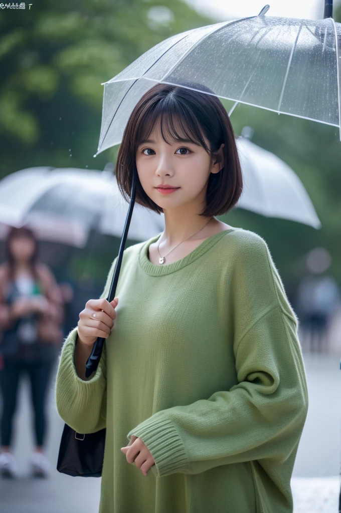 Highest quality、8k、32K、masterpiece、nffsw:1.2)、cute日本人女性の写真、Long sleeve dress、Short very bob hair、Upper Body、Surface Focus、Extra large size_sweater、necklace、Rainy park、Hold an umbrella、Water droplets fall、Looking at the audience、Mix 4、(8k、Raw photo、Highest qualityの、Masterpiece:1.2)、(Realistic Real Photo:1.37)、1 Girl、cute、Professional Lighting、Photon Mapping、Physically Based Rendering、Shortcuts、Shortcutsハンサム、High resolution、1080P
