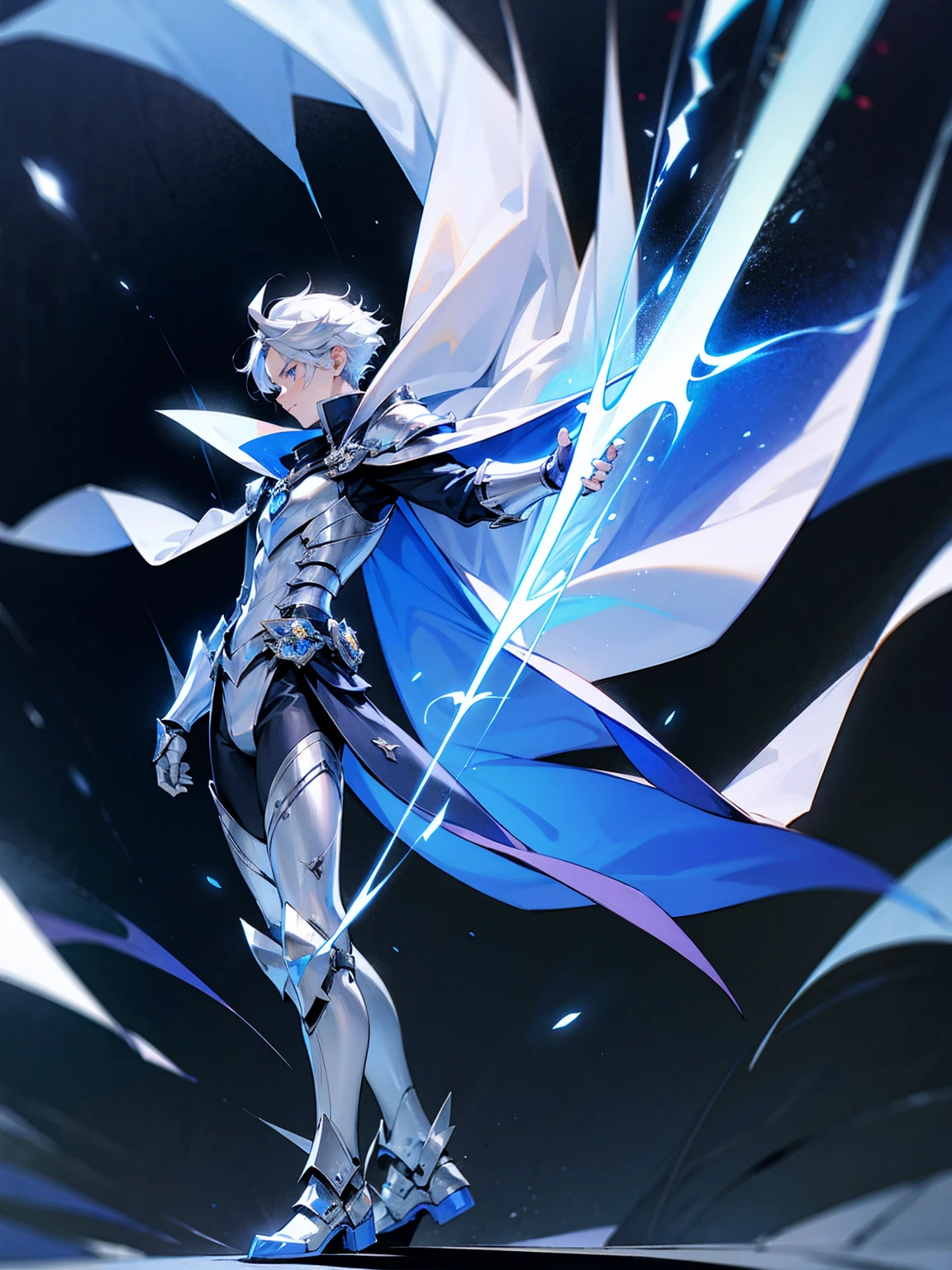  male, silver hair, electric aura, armor, cape, confident look, standing on path