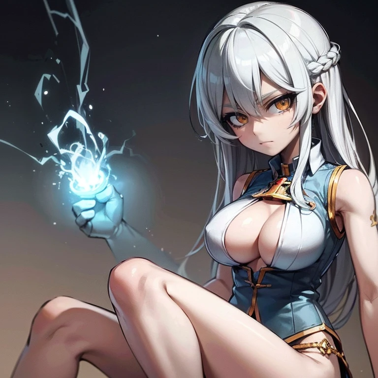 Anime Kawaii sexy Perfect Slim sensual body large breast and huge thighs, An intricate and highly detailed illustration of anime (Young girl). 最high qualiy、best quality image、work of art、adolescent((20 years old、 Becoming、vest bust、medium bust,wide open chest tea、glare eyes, hair light blue、long hair、fine tune,higher valley、hypdertailed、Monster arm、monster leg arm、struggling pose)),high qualiy、linda arte、fund((spark、em chamas、red lighting))、voo、debris flies、Written limit depth、film、visual artwork、Perfect artwork、8k,genuine、