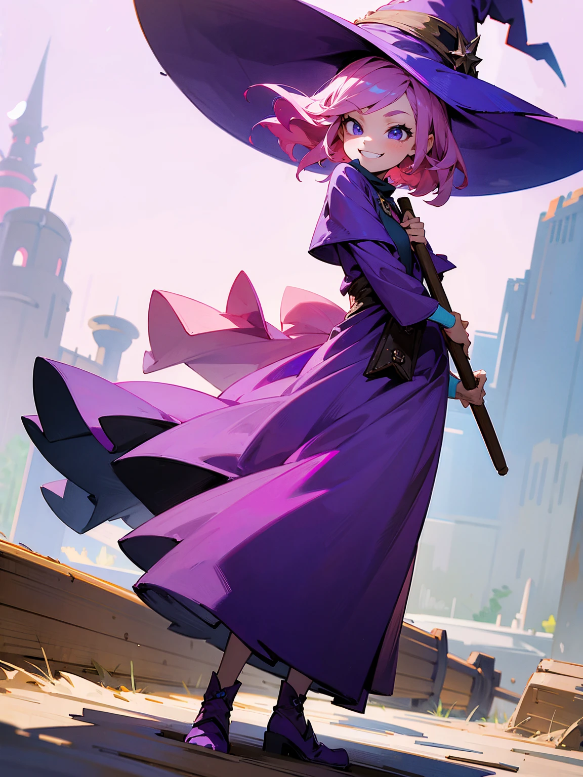 Young female, pink hair, witch hat, purple dress, holding a broomstick, mischievous grin, standing on path