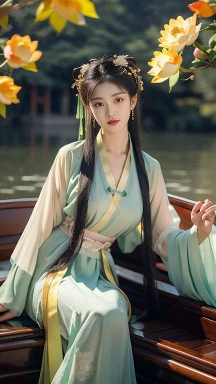 Perfect composition golden ratio，masterpiece，best quality，4K，Clear focus．Better Hands，Perfect anatomical structure，Chinese style，outdoor，A gentle Chinese classical woman，Large Breasts，Wearing light green chiffon Hanfu，Sitting on a wooden boat，Tea Set，Many lotus flowers in the lake，high quality，masterpiece，Chinese classical style，Ultra Detail