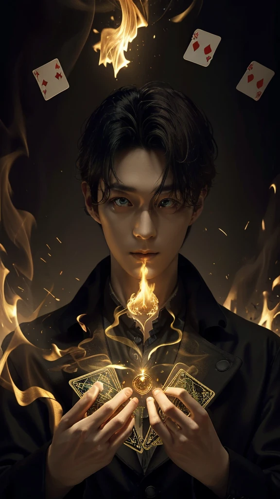 Magician play with the deck cards, create an magical spell circle at background, green fire smoke, magical elements, best quality, 24K FHD resolution, magician detailed portrait, masterpiece collection