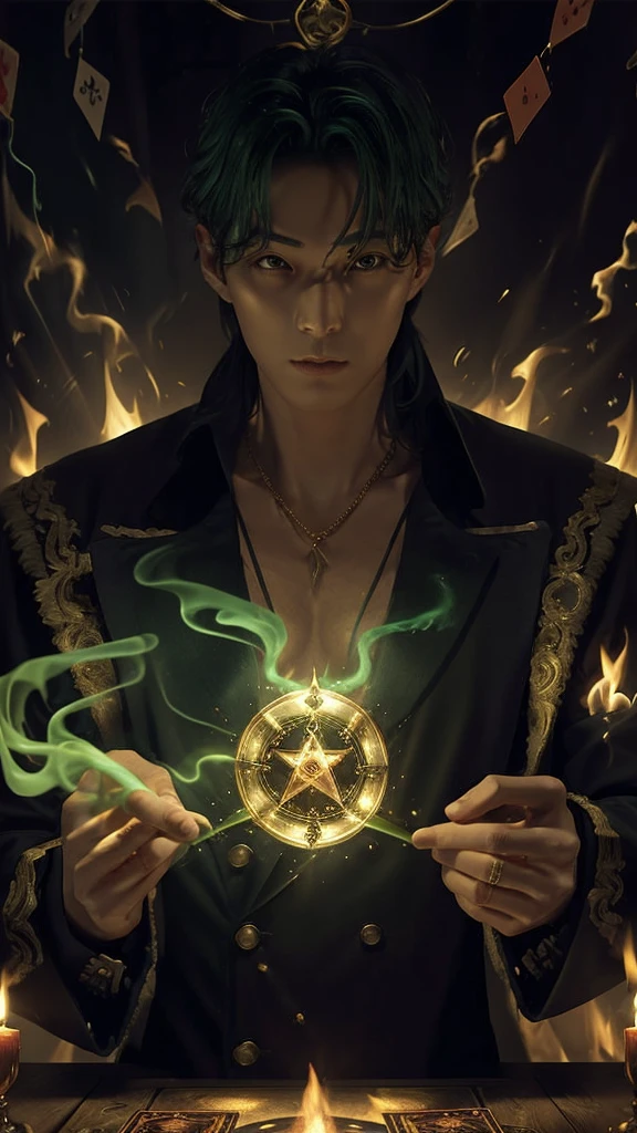 Magician play with the deck cards, create an magical spell circle at background, green fire smoke, magical elements, best quality, 24K FHD resolution, magician detailed portrait, masterpiece collection