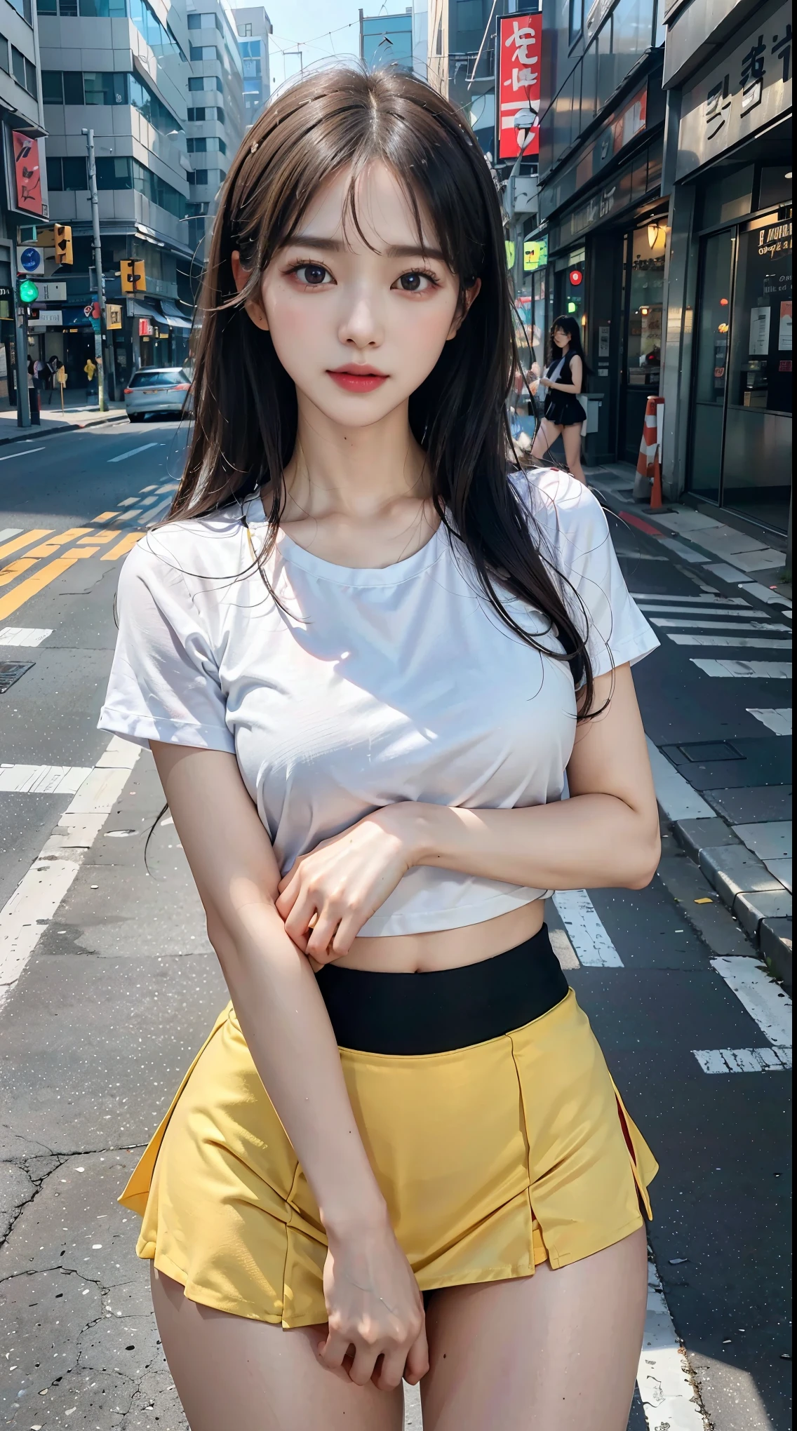 (top quality),8k,(masterpiece:1.3),(1 girl:1.3),(medium chest:1.3),realistic,high resolution,very detailed face과 피부 질감,realistic faces,original photo,((beautiful faces:1.5)),(Beautiful woman:1.4),perfect body proportions,Whitens the skin,light나는 피부,((very detailed face)),attention to detail,double eyelid,Eyeshadow Enhancement,eye for detail,professional lighting,movie lights,sharp focus,((sporty style)),((light, brightly colored clothing)),Brightly colored t-shirts,short skirt,((lively,Active,vigor)),((panties)),((thigh exposure)),(erotic:1.3),in the street