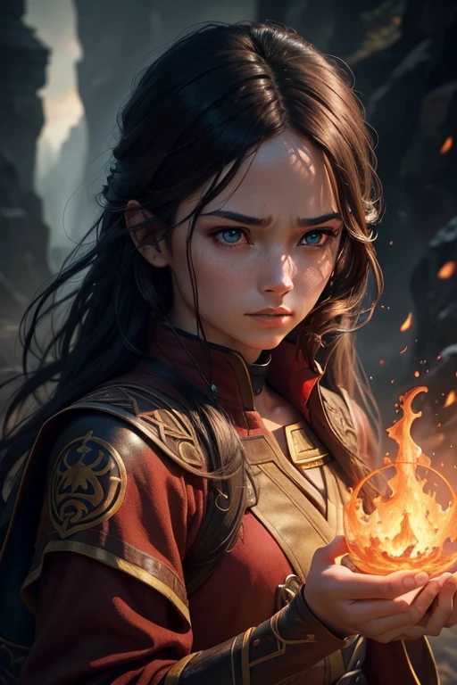 1girl, teenager, brown hair, red eyes, fire coming from her hands, firebender, Avatar: the Last Airbender, fantasy, detailed face, intricate details, cinematic lighting, dramatic atmosphere, epic scale, (best quality,4k,8k,highres,masterpiece:1.2),ultra-detailed,(realistic,photorealistic,photo-realistic:1.37),vibrant colors, warm lighting, volumetric lighting, dramatic shadows, moody, mysterious