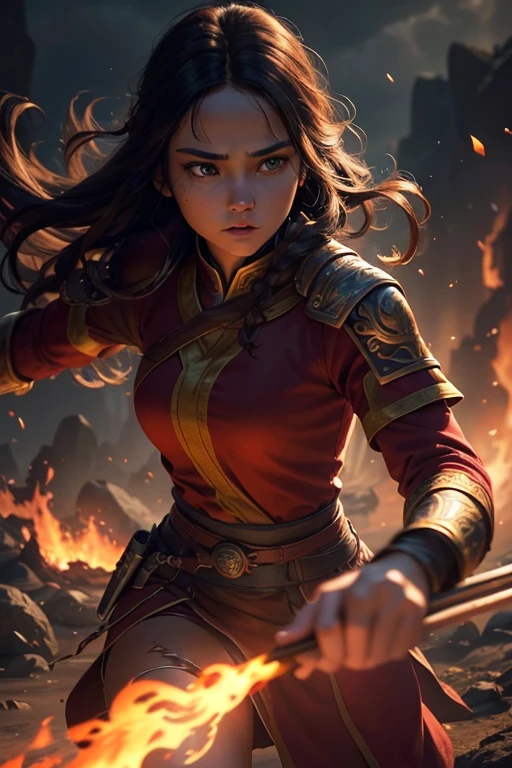 1girl, teenager, brown hair, red eyes, fire coming from her hands, firebender, Avatar: the Last Airbender, fantasy, detailed face, intricate details, cinematic lighting, dramatic atmosphere, epic scale, (best quality,4k,8k,highres,masterpiece:1.2),ultra-detailed,(realistic,photorealistic,photo-realistic:1.37),vibrant colors, warm lighting, volumetric lighting, dramatic shadows, moody, mysterious