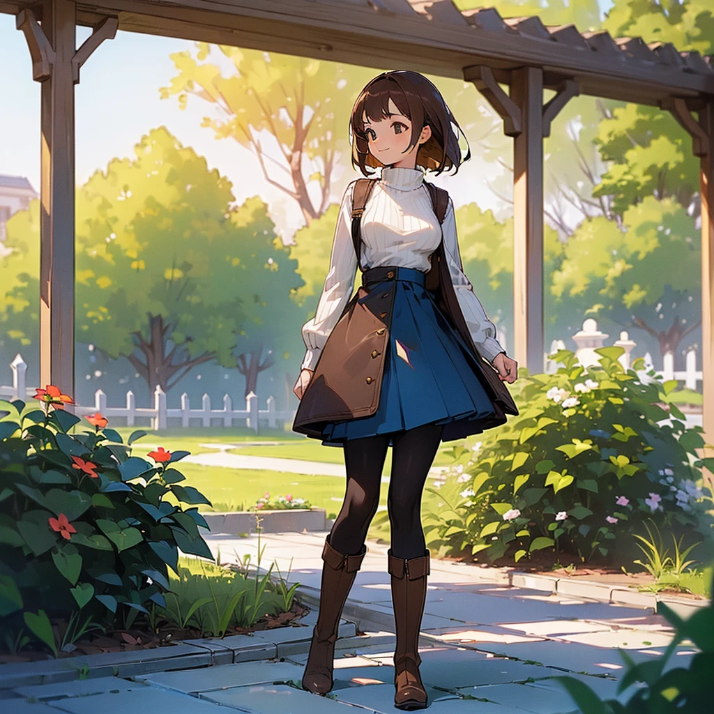 (high quality, High resolution, Very detailed, reality:1.37), Peaceful atmosphere, (Outdoor, garden), age girl standing alone, (my breasts are big.), Beautiful details, Cute Smile, (Brown bob hair), Ribbed sweater, Blue Skirt, Black tights, Brown boots.