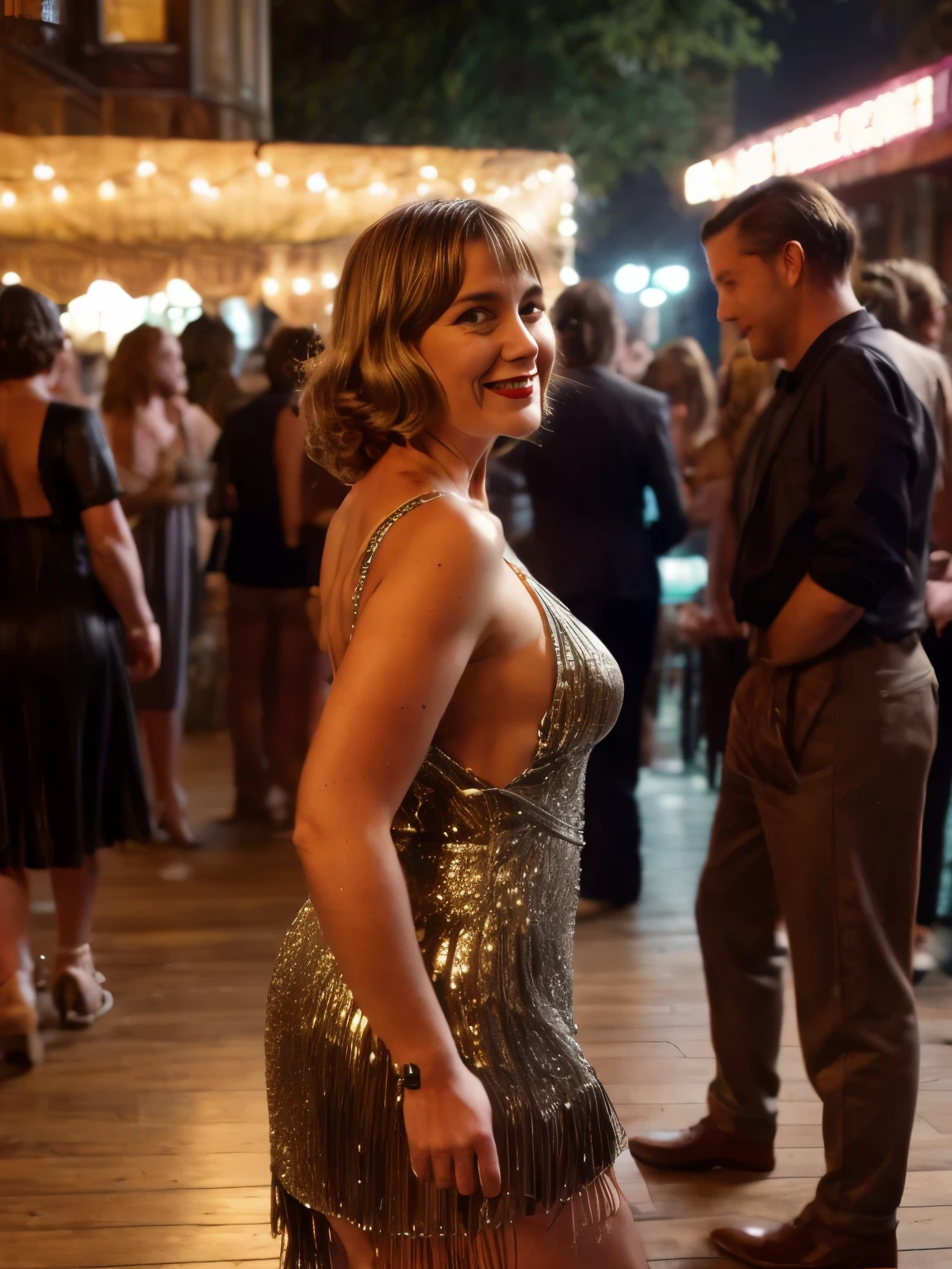 A captivating 25-year-old slightly smiling seductive blond woman stands elegantly on the dance floor at a nostalgic event on Governors Island, where history enthusiasts and vintage culture fans gather to celebrate the Jazz Age. She wears a stunning 1920s tassel flapper dress, adorned with sequins and fringe that shimmer under the ambient glow of art deco surroundings. The dress is a masterpiece of period fashion, with its intricate beadwork and flowing fringes swaying rhythmically as she moves. Her long hair is styled into deep, glossy Marcel waves, accentuated by a feathered headband that adds a touch of glamour. In one hand, she holds a vintage clutch, a perfect accessory to her ensemble. Her bold red lips stand out, reflecting the soft lighting, capturing the essence of the era's beauty standards. The scene is vibrant, set outdoors amidst a backdrop of vintage cars and prohibition-era cocktails, with live jazz music filling the air. Attendees, all dressed in period attire, dance joyfully on the polished wooden dance floor, which is the heart of the celebration. The event evokes a sense of nostalgia, bringing to life the exuberance and elegance of the Roaring Twenties. It's an enchanting evening where the past and present merge, offering a timeless experience steeped in history and culture. Put in the image: sequined dress, tassels, fringe, beadwork, Marcel waves, feathered headband, vintage clutch, red lipstick, art deco lights, dance floor, vintage cars, prohibition-era cocktails, live jazz band, period attire, flapper style, wooden dance floor, ambient lighting, polished floorboards, jazz instruments, musicians, 1920s hats, suspenders, bow ties, pearls, cigarette holders, cocktail glasses, soft glow, Gatsby-inspired fashion, vintage signs, festive atmosphere, laughter, movement, shadows, reflections, polished surfaces, outdoor setting, nostalgic feel, historical elements, elegance, sophistication, velvet gloves, bow ties, classic suits, flapper headbands,