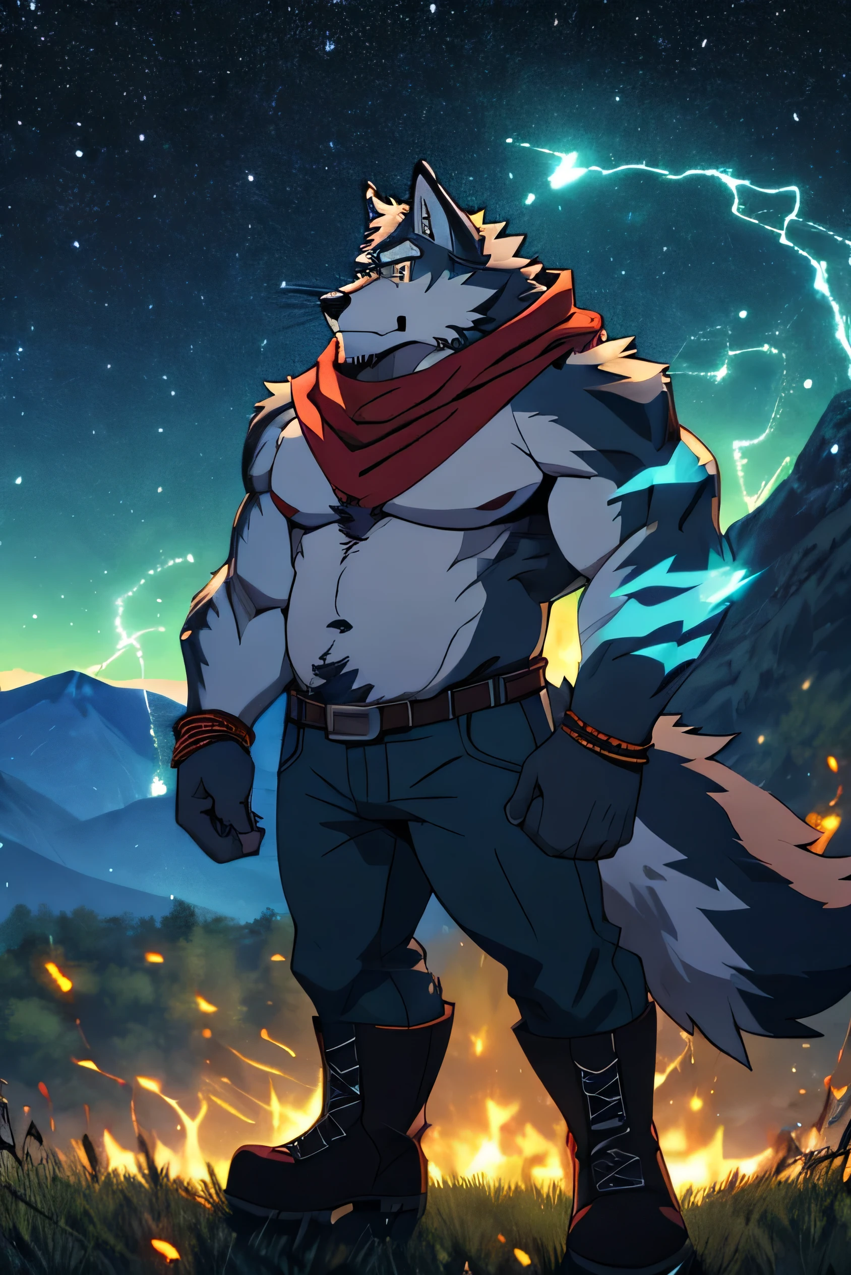alone, fat muscular man, dad bod, belly, big pecs, ash grey hairy wolf, faded haircut ((black color)), big thick beard ((black color)), whiskers, amber eyes, ((red scarf)), ((glasses)),
electrified stripes on arms, electricity on arms, stripes on arms ((cyan color)), electricity particle around, electric particles, electricity visual effect, white belly, hairy, wolf tail, wolf ear, bracelets, jeans, boots, pecs, fangs, in the field, mountains in the background, at night, starry night, fireflies around,