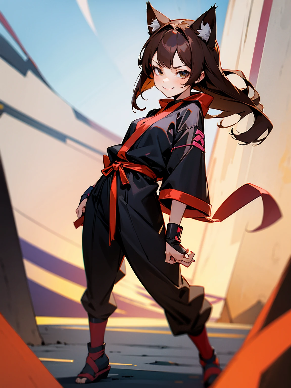 Young female, brown hair, cat ears, ninja outfit, playful smirk, standing on path