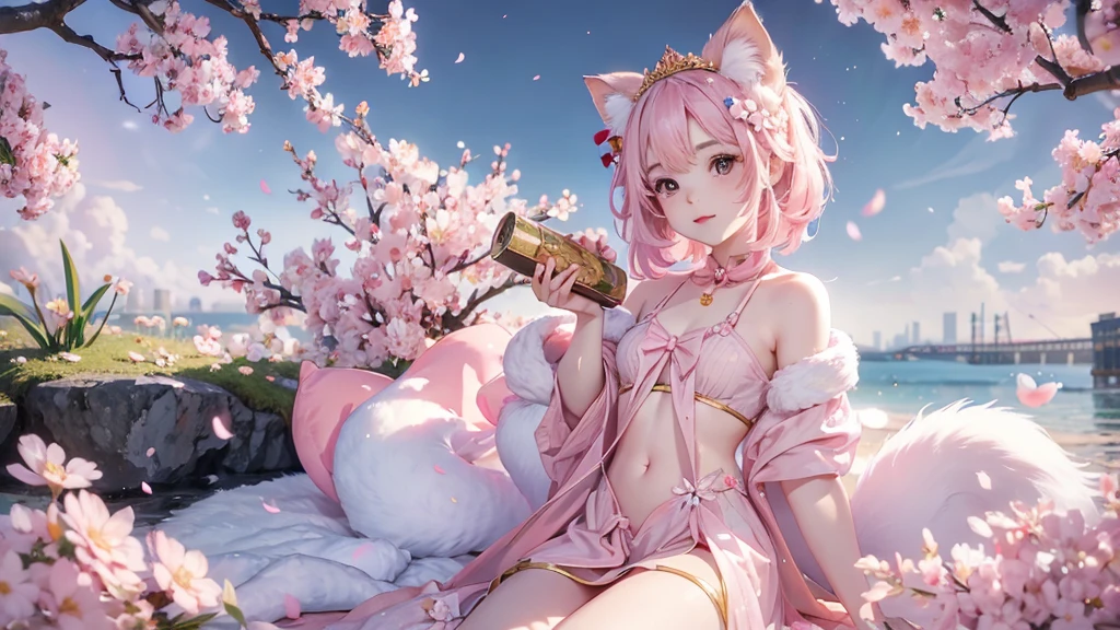 a small kitten with light pink fur and a furry tail wearing a tiara of golden flowers amidst cherry blossoms