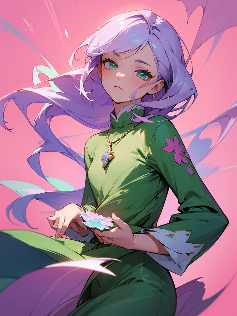 High-resolution RAW color artwork, animation,Carving, quarter leaf clover 🍀, (((Highly detailed elegant))), magical atmosphere, texture,(Exquisitely crafted, The finer details, ultra detailed art), Written limit depth, silky to the touch, hyper detail, (blooming green), gorgeous eyes, elegant face, Casual jacket, (all-body), necklase, to heaven, wind darkening, bright sky background, pink background with lilac , the clover is alive 