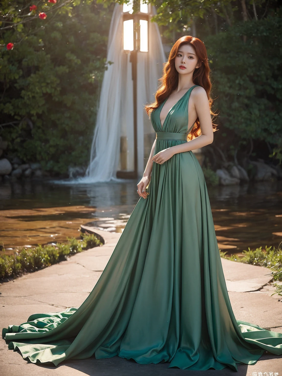 She stepped into the room, the setting sun casting a halo of golden light around her fiery red hair. Her deep emerald green eyes sparkled like a still lake, framed by long, curled lashes. Her face was an oval of delicate beauty, with a small nose and lips as red as a rose petal. She wore a flowing, sea-green maxi dress that hugged her tall, slender figure, and every step she took exuded confidence and allure.