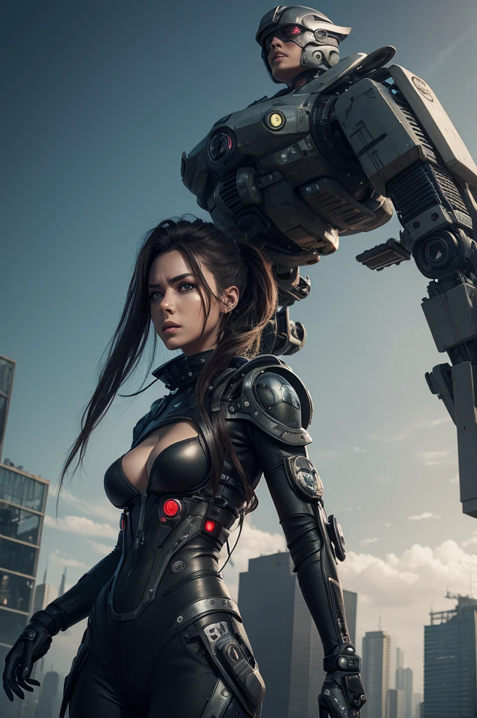 Create a futuristic and post-apocalyptic scenario with a woman in the middle, half human and half robot.