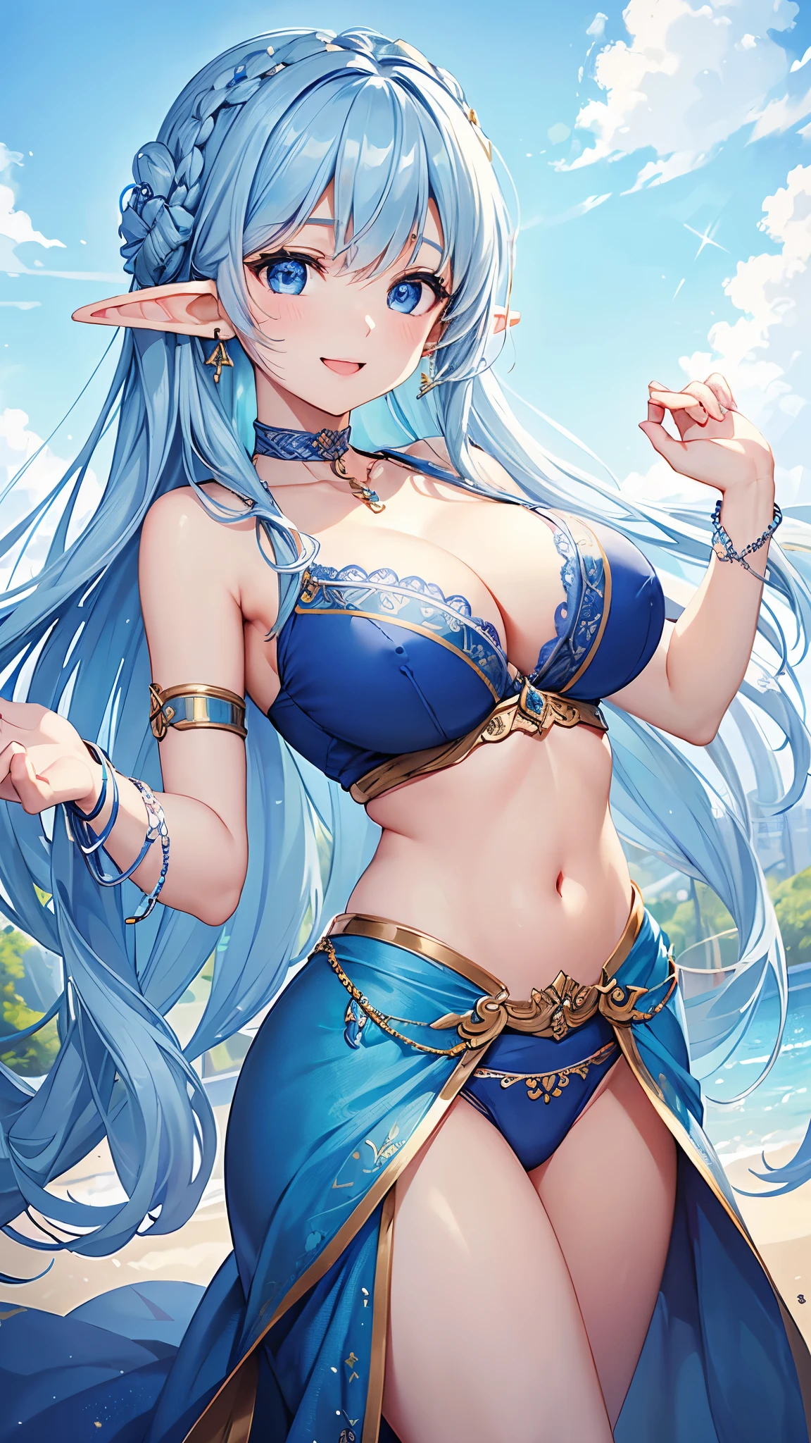Highest quality、Highest quality、masterpiece、(8k resolution),beauty(Age 25)、(Mature Appearance)、Light blue long hair(Braiding of sides)、blue eyes、(Light blue underwear with detailed embroidery)、(Elf)、Big cleavage、((Very large breasts))、smile、blue necklace、Blue Earrings、background(ice)、Please open your mouth wide、bracelet、Dynamic pose、Blue choker、